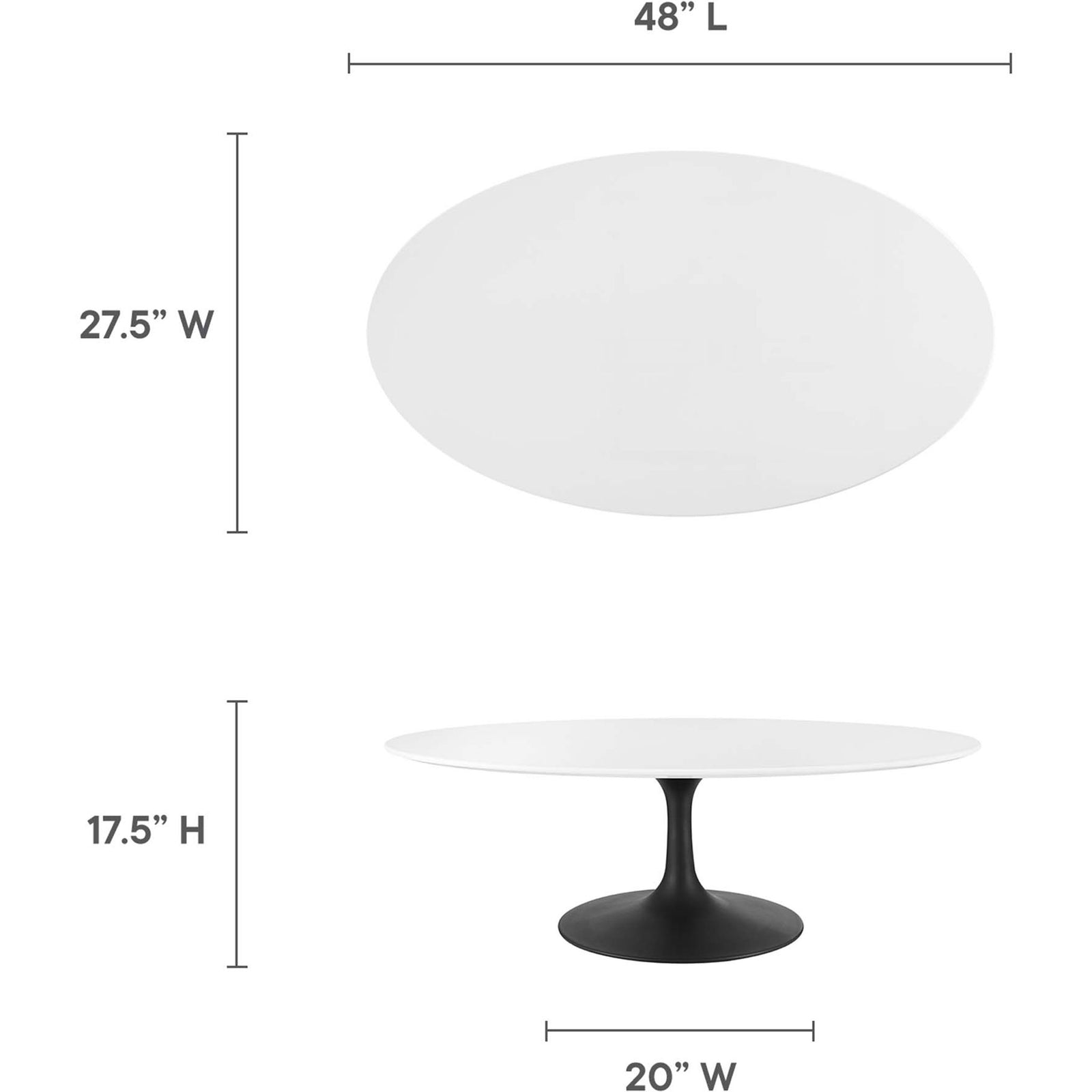Coffee table sizing is illustrated for easy room planning. || EEI-3536-BLK-WHI || dimension_studio