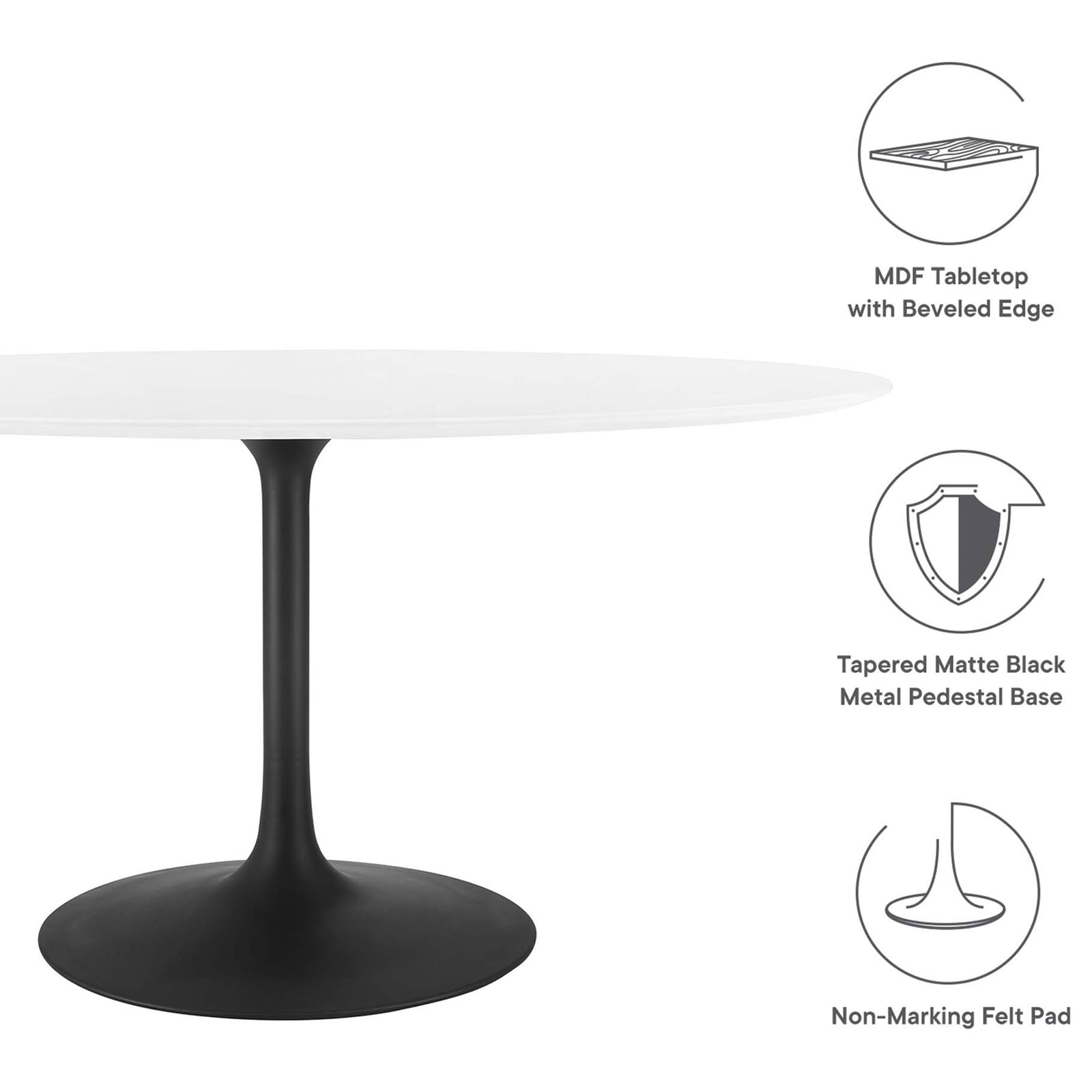 Feature graphic calling out MDF beveled top, matte black pedestal base, and non-marking felt pad || EEI-3539-BLK-WHI || callout_studio