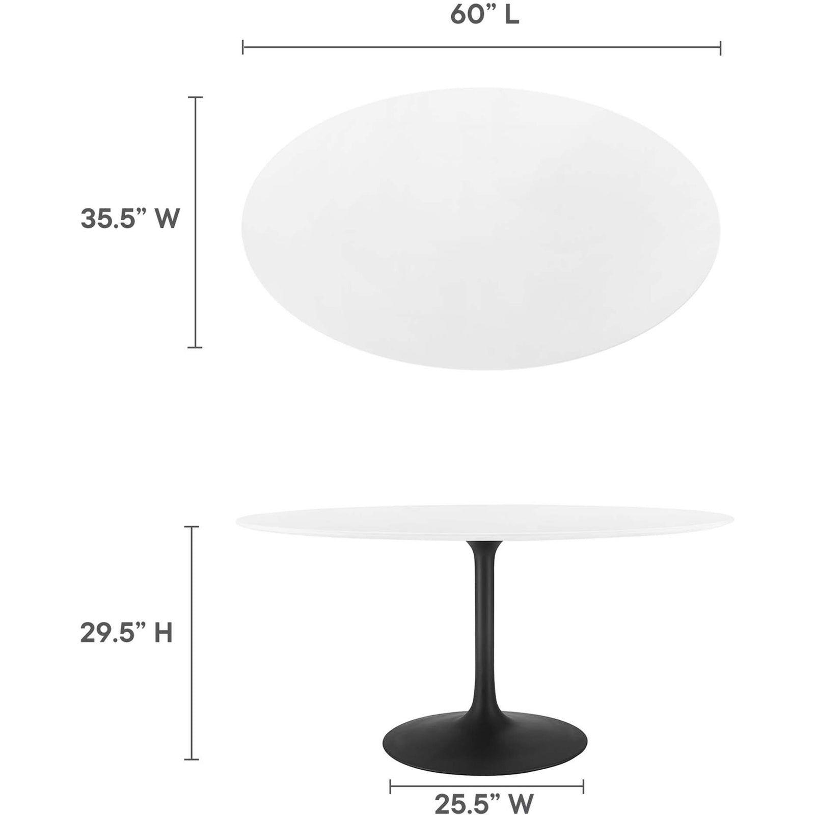 Size guide displaying 60 inch oval dining table with 35.5 inch width, 29.5 inch height, and 25.5 inch base || EEI-3539-BLK-WHI || dimension_studio