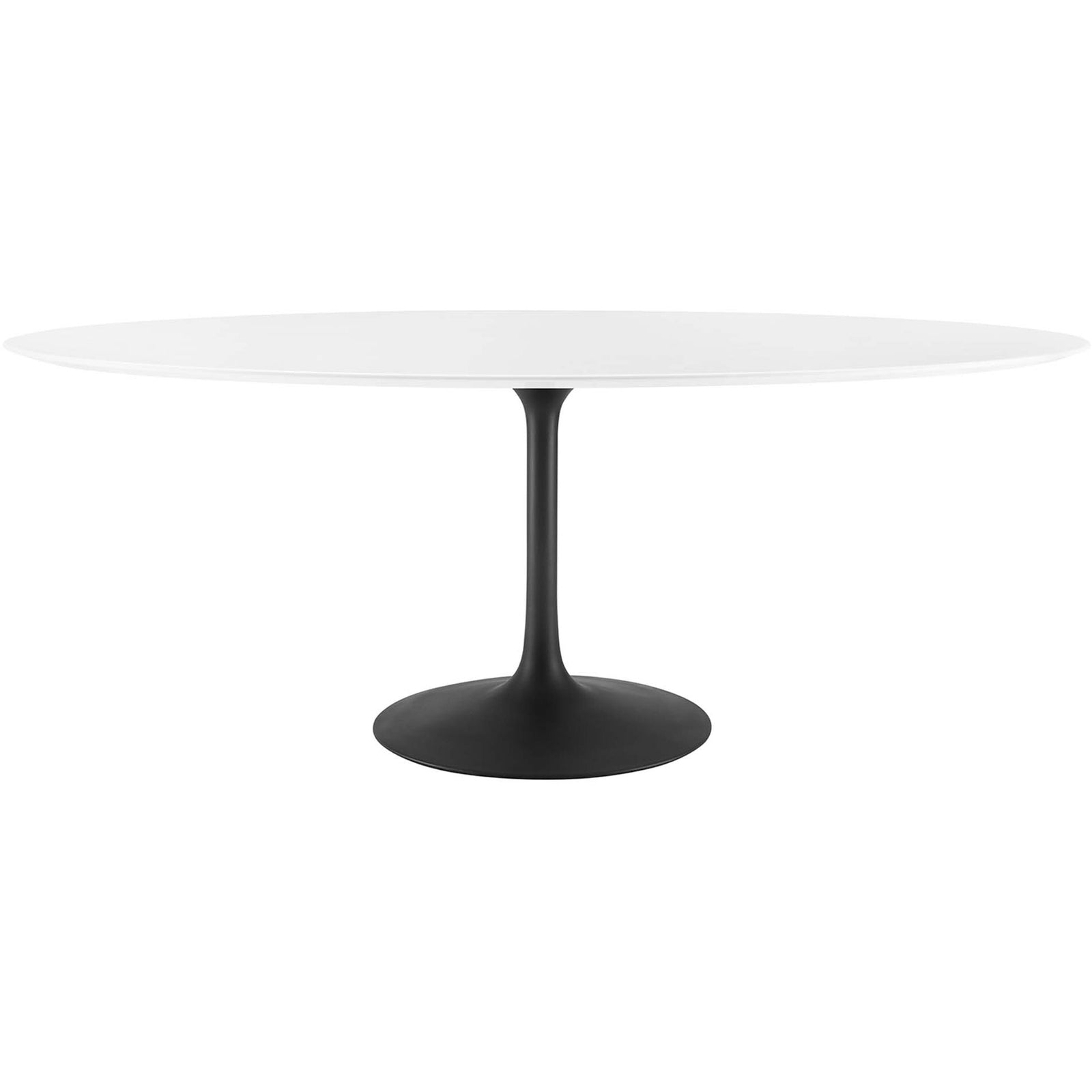 Extra long white oval pedestal dining table with black base creates a striking centerpiece for gatherings || EEI-3540-BLK-WHI || front_studio
