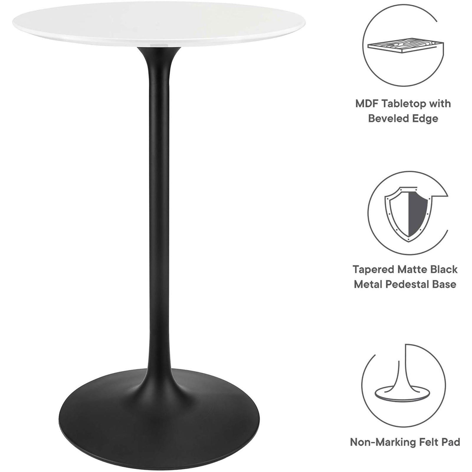 Key features highlighted: beveled MDF top, matte black pedestal base, and floor-friendly felt pad || EEI-3545-BLK-WHI || callout_studio