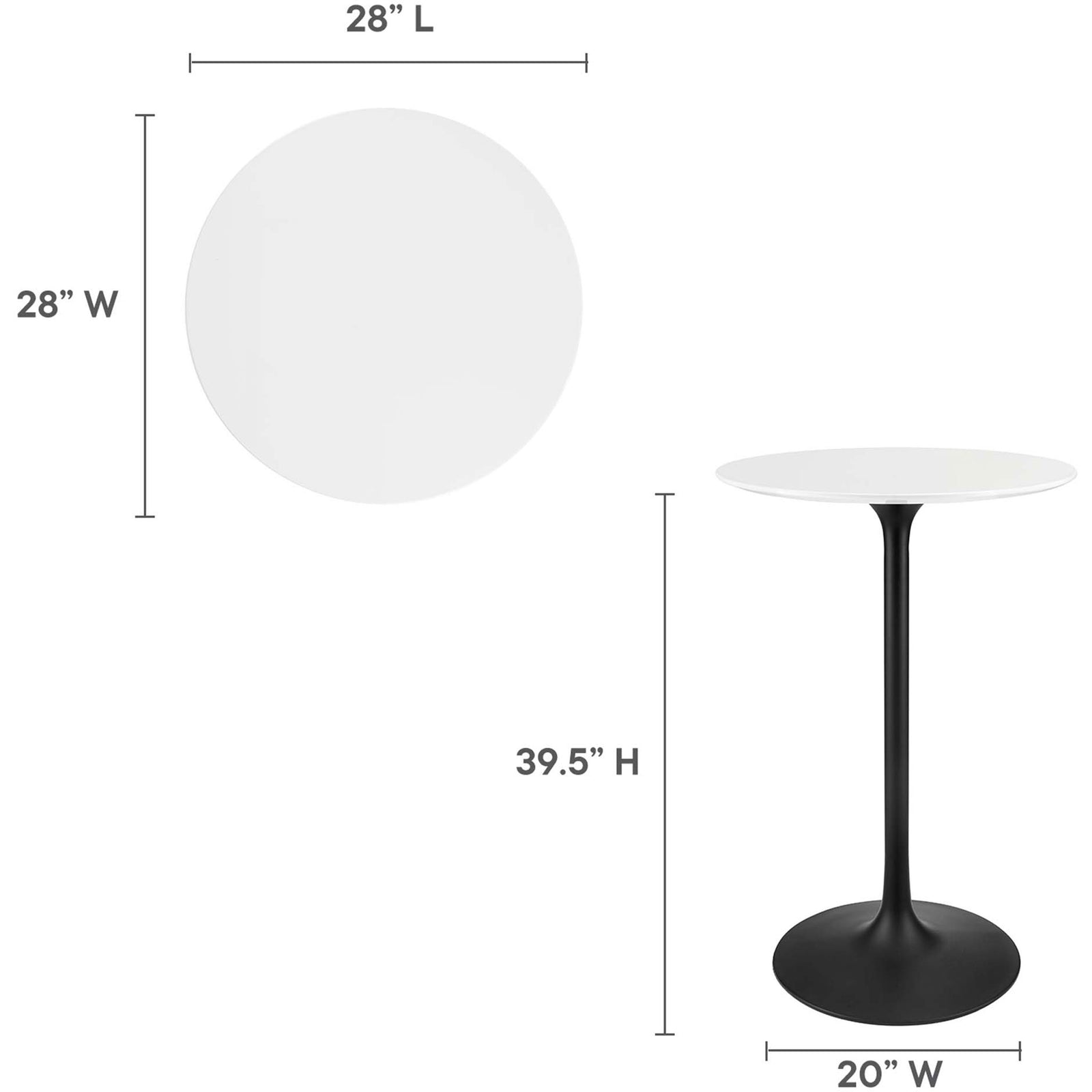 Dimensions shown for the 28-inch round table and pedestal base height || EEI-3545-BLK-WHI || dimension_studio