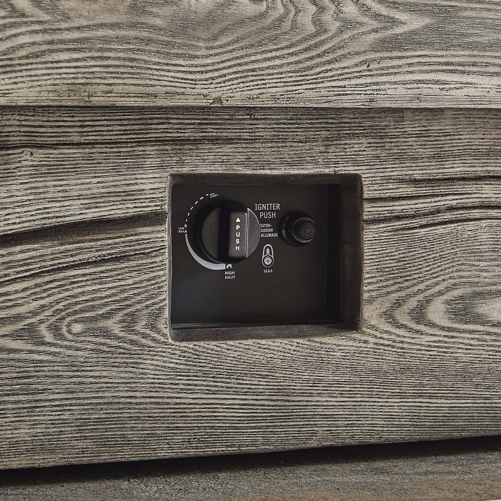 Recessed control panel with ignition button and adjustable flame knob on the fire pit base || EEI-3563-LGR || detail_studio