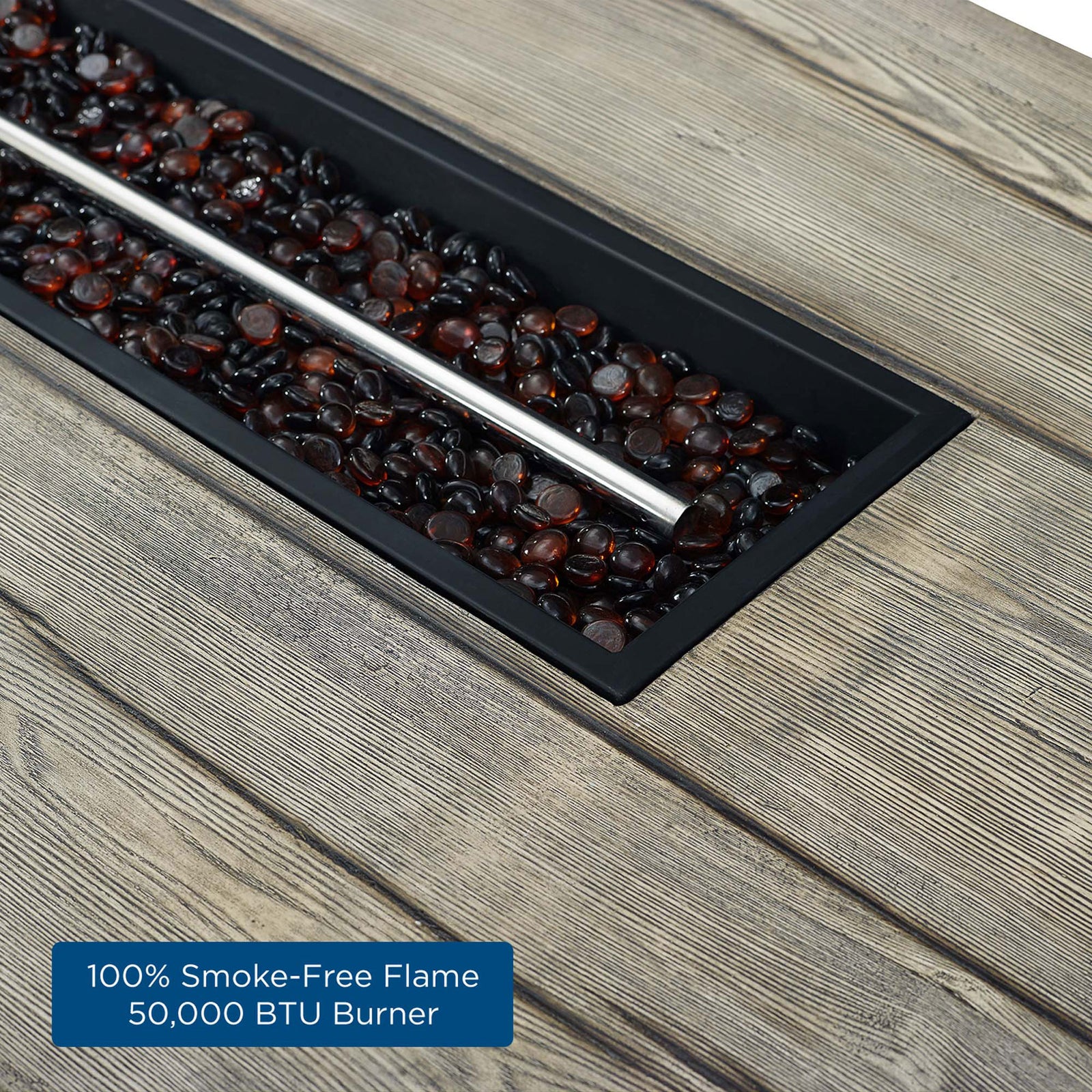 Smoke-free rectangular gas burner set into the center of the light gray fire pit table || EEI-3563-LGR || callout_studio
