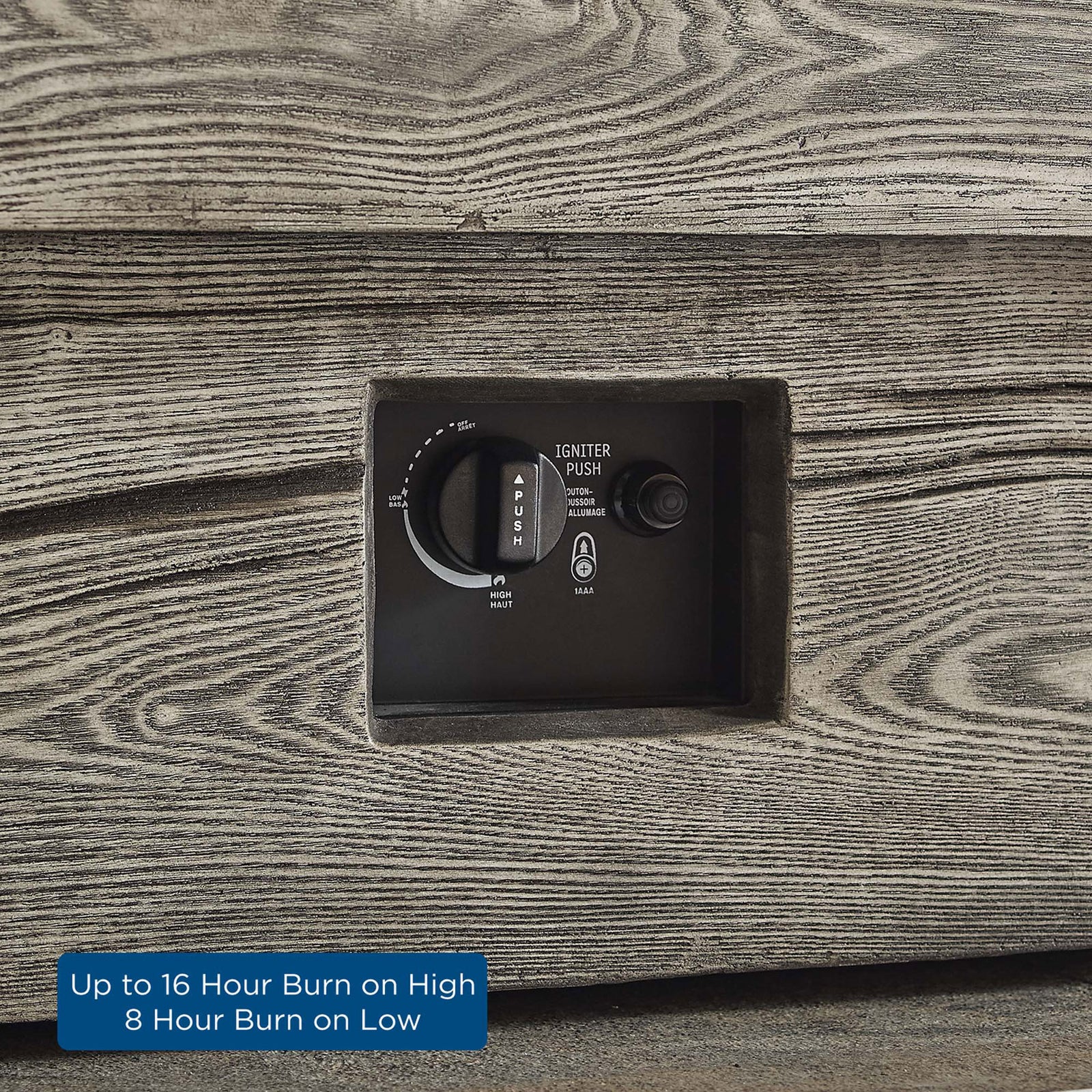 Easy-to-use gas control dial for setting long-lasting flames on the outdoor fire pit table || EEI-3563-LGR || callout_studio