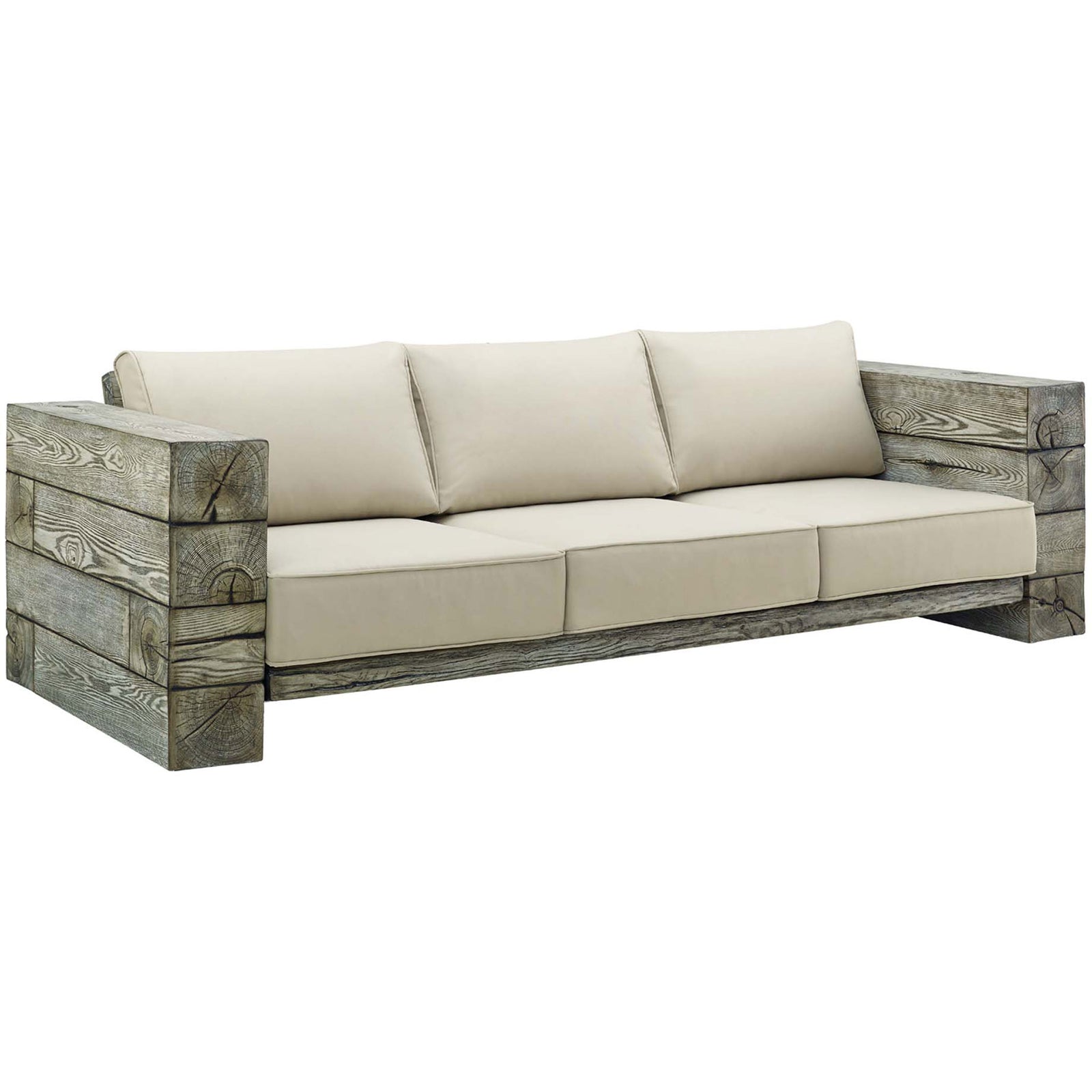 Rustic outdoor sofa with chunky driftwood-look block arms and plush beige cushions || EEI-3565-LGR-BEI || front_angle_studio