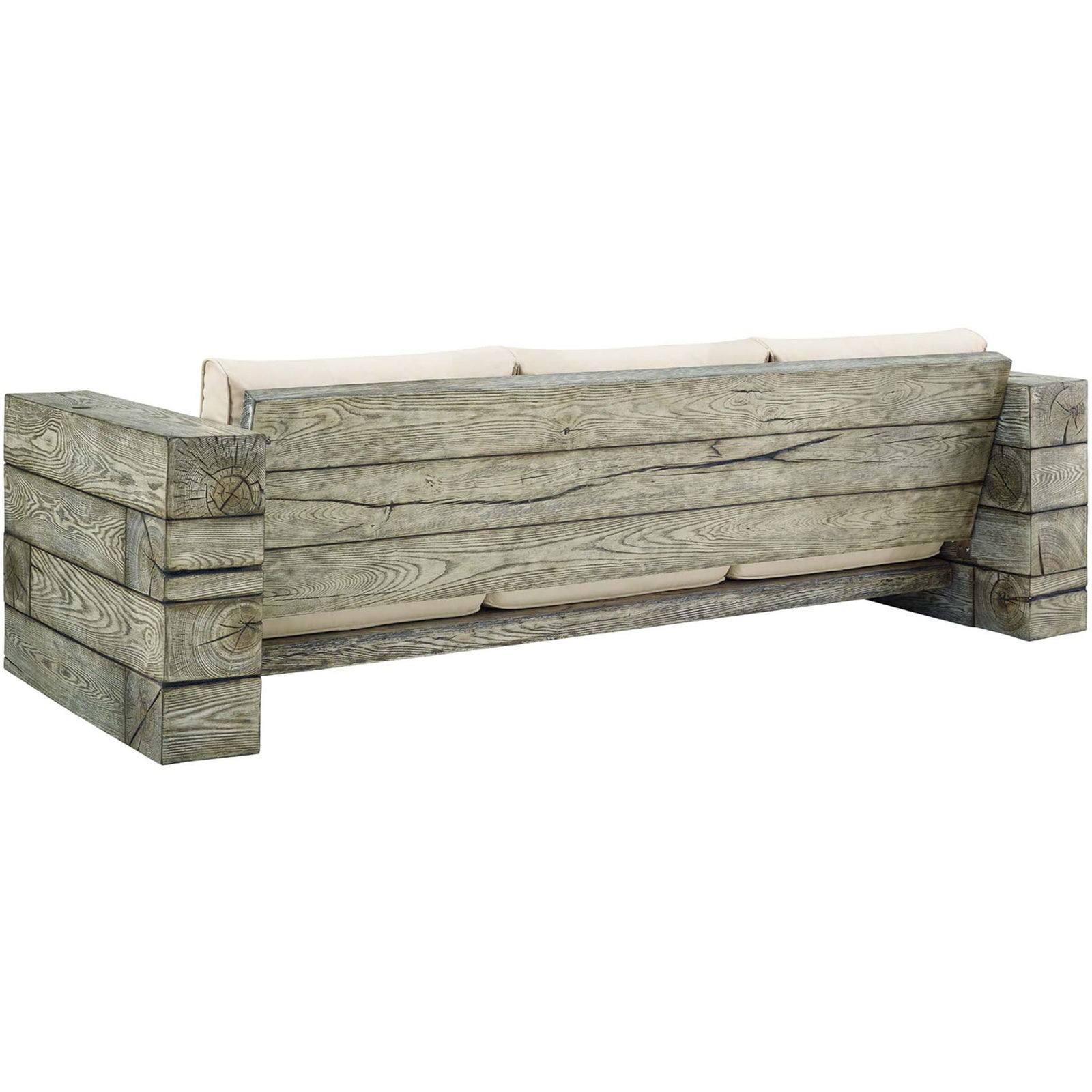 Back view of outdoor sofa with thick horizontal driftwood-look planks and low-profile cushions || EEI-3565-LGR-BEI || back_studio