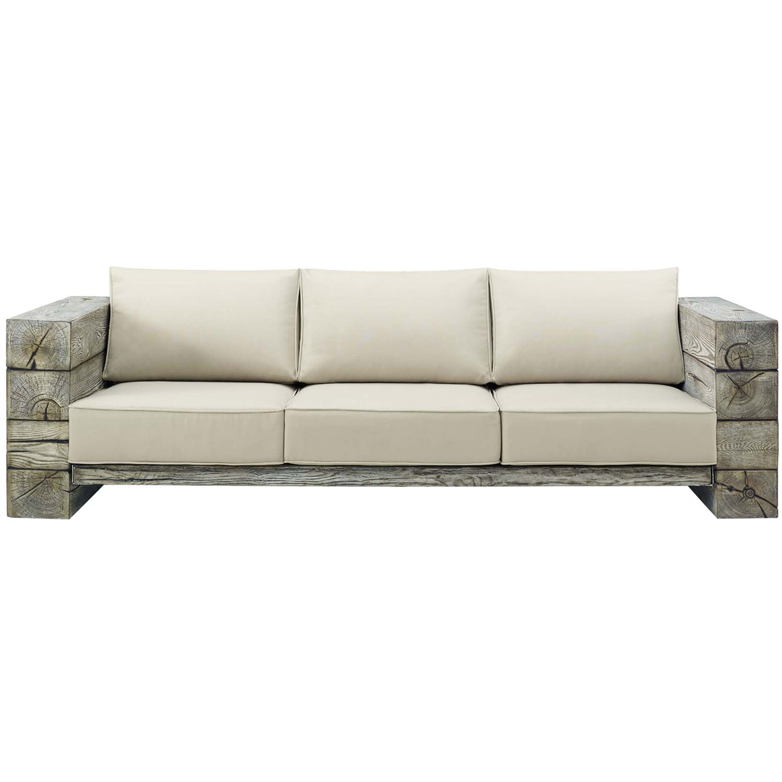 Rustic coastal outdoor sofa with wide driftwood-look frame and three beige seat and back cushions || EEI-3565-LGR-BEI || front_studio