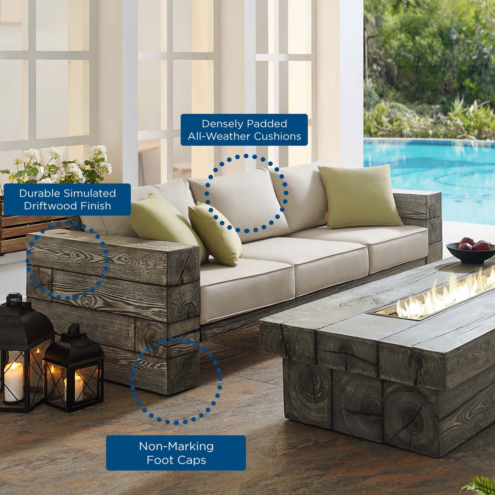 Manteo outdoor sofa styled poolside with beige cushions, driftwood-look frame, and green accent pillows || EEI-3565-LGR-BEI || callout_room