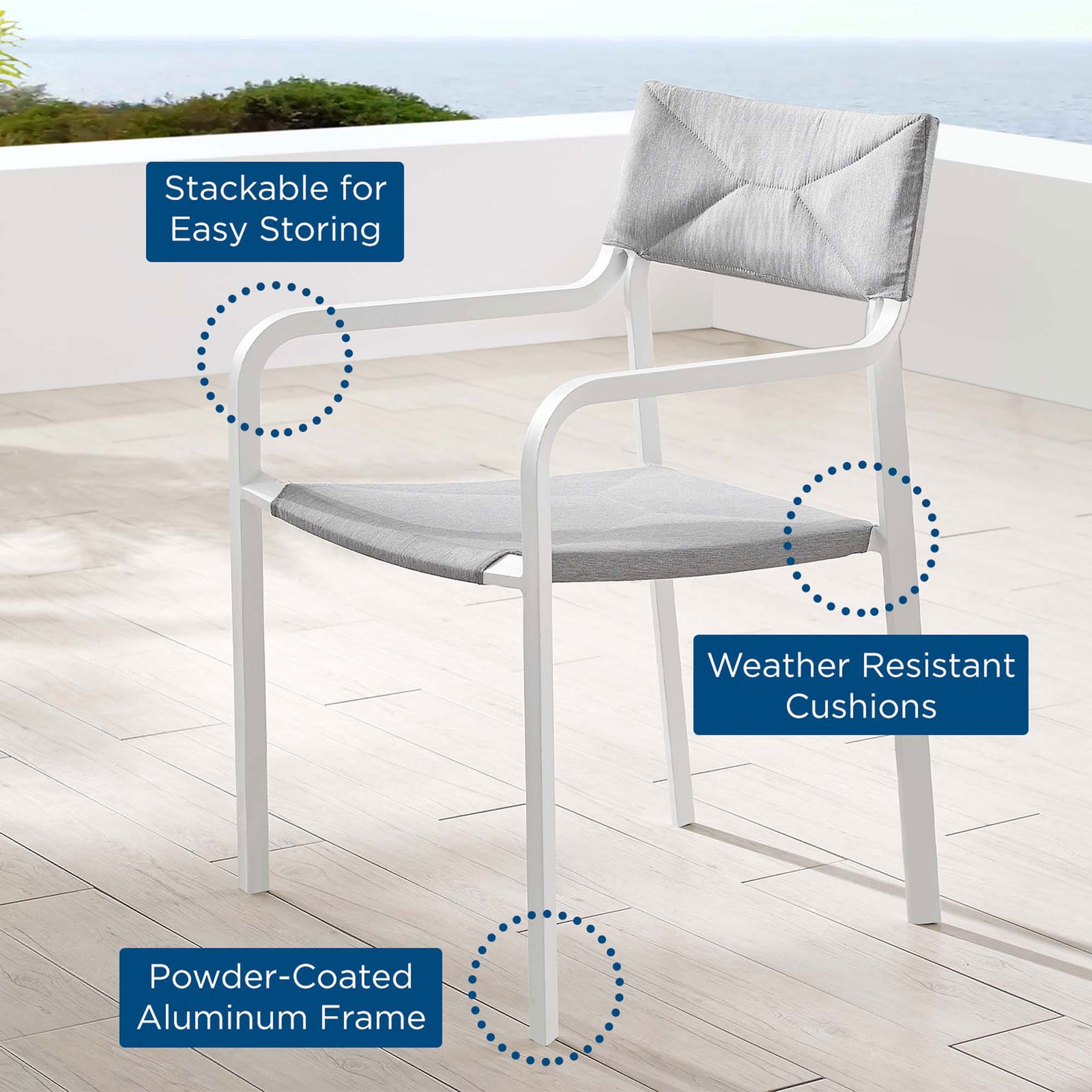 Raleigh stackable outdoor dining chair on a seaside patio highlighting comfort and durability features || EEI-3573-WHI-GRY || callout_room