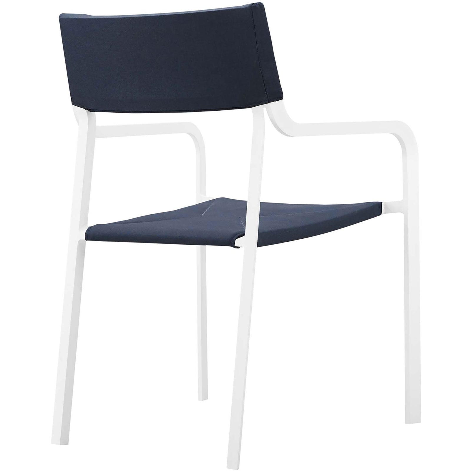 White frame patio chair with smooth navy fabric, tapered legs, and clean modern lines || EEI-3573-WHI-NAV || back_angle_studio