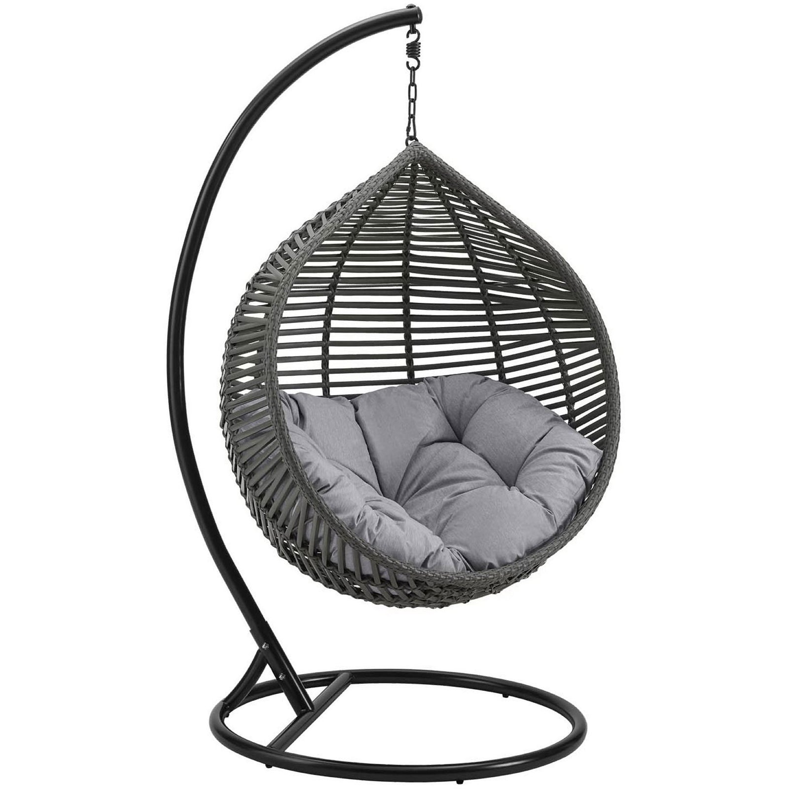 Modern teardrop patio swing chair with plush gray cushion and sleek black steel stand. || EEI-3614-GRY-GRY || front_angle_studio
