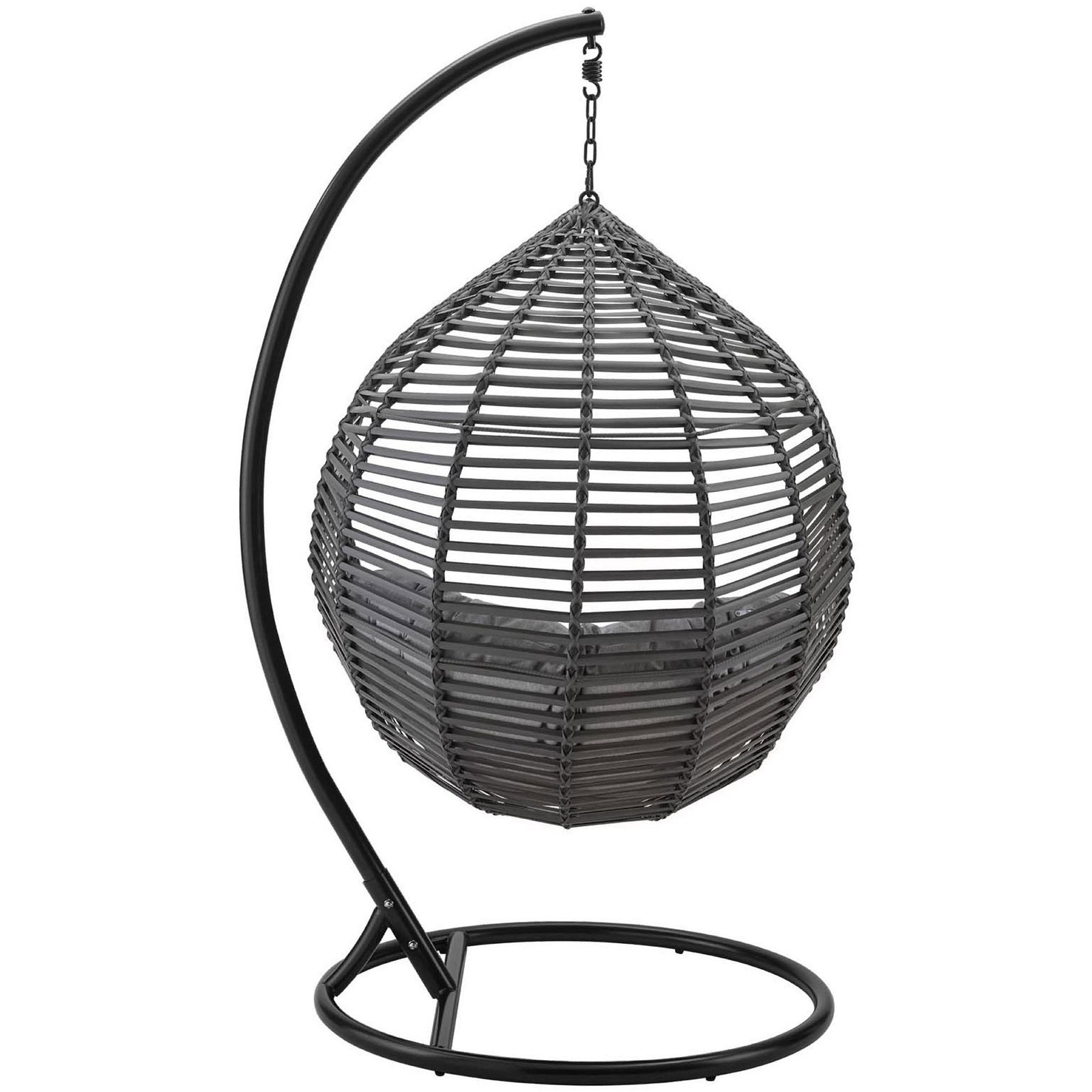 Gray wicker teardrop swing chair highlighting the sculpted rattan shell and curved steel support base. || EEI-3614-GRY-GRY || back_angle_studio
