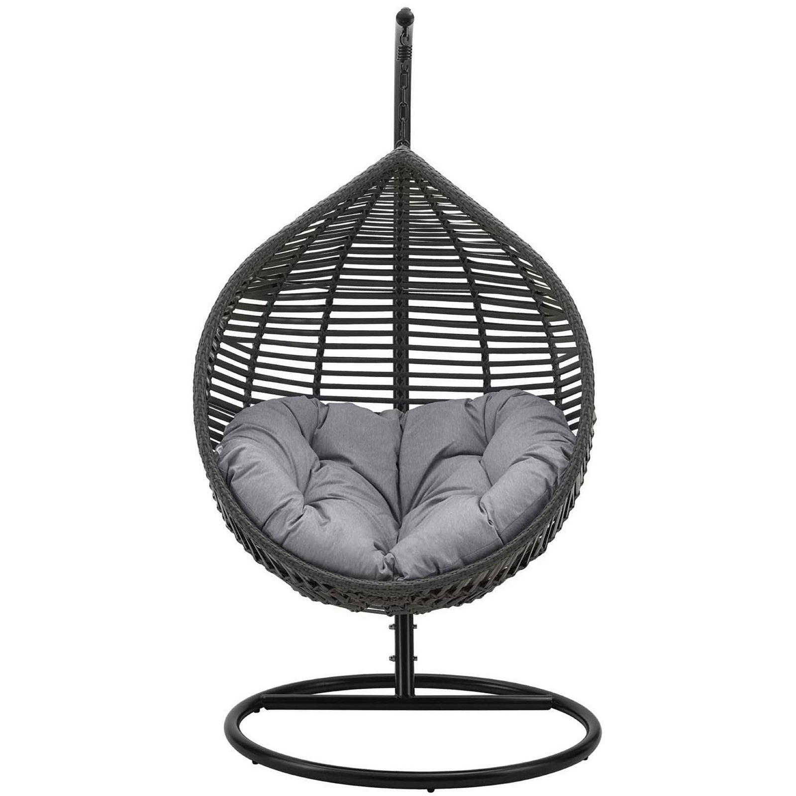 Teardrop wicker swing chair with deep gray cushion and sturdy round base for cozy lounging. || EEI-3614-GRY-GRY || front_studio