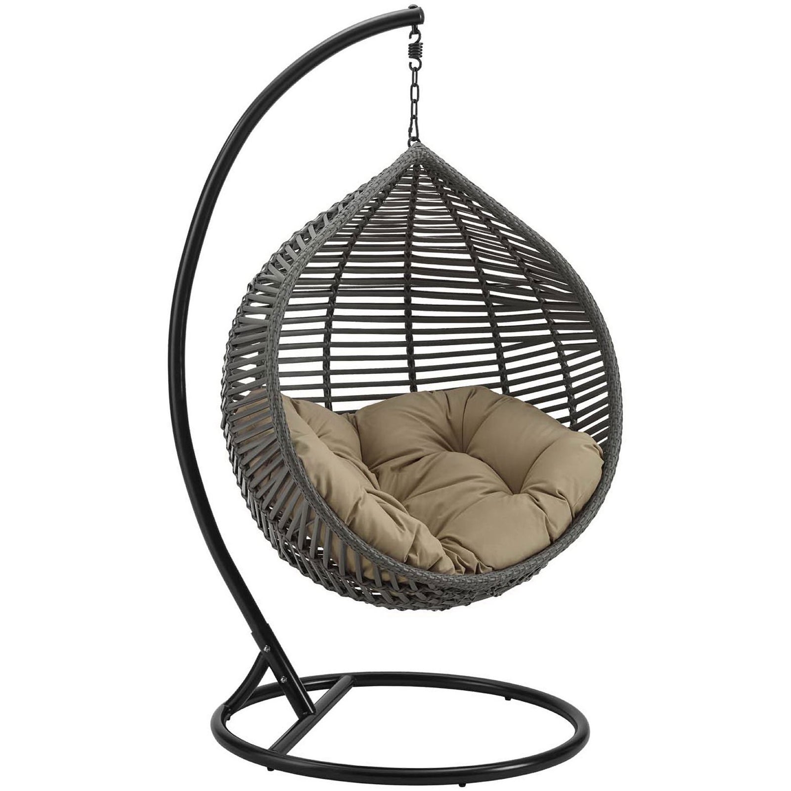 Modern patio swing chair with tufted mocha cushion and sleek gray wicker teardrop seat. || EEI-3614-GRY-MOC || front_angle_studio