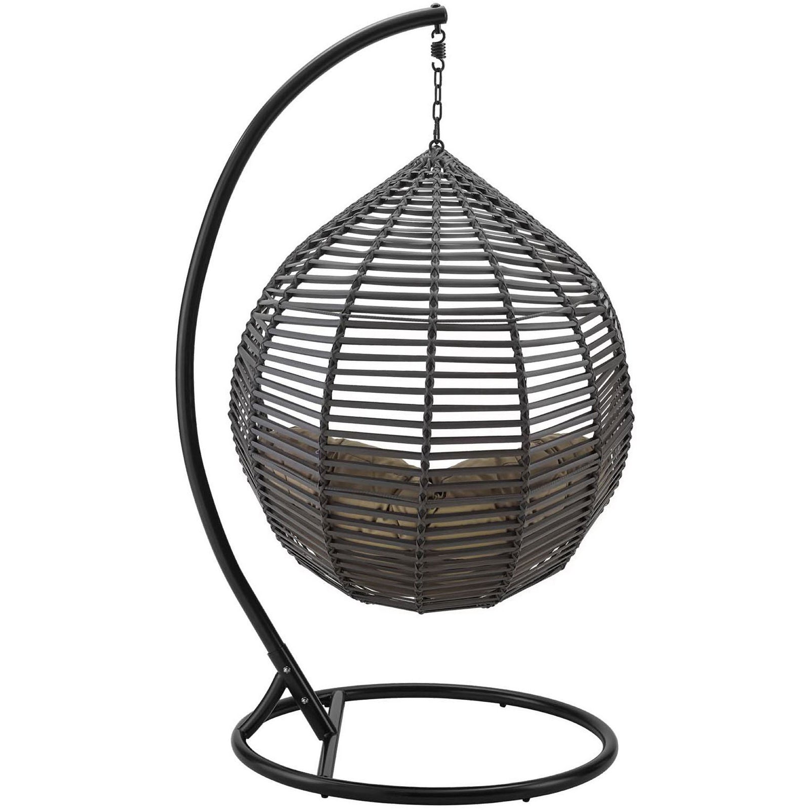 Gray wicker teardrop swing chair showcasing the sculpted rattan shell and curved metal stand. || EEI-3614-GRY-MOC || back_angle_studio