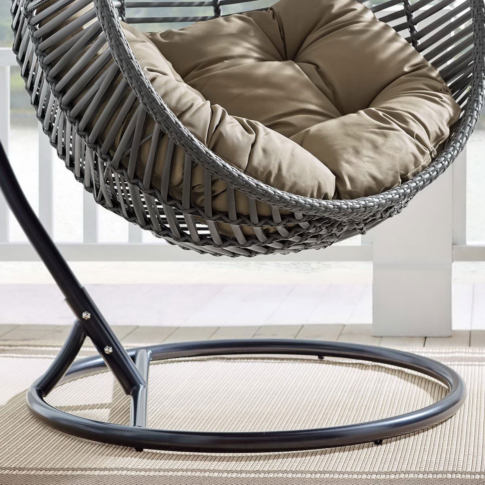Mocha cushion and sturdy metal base showcasing the chair's supportive, durable construction. || EEI-3614-GRY-MOC || detail_room