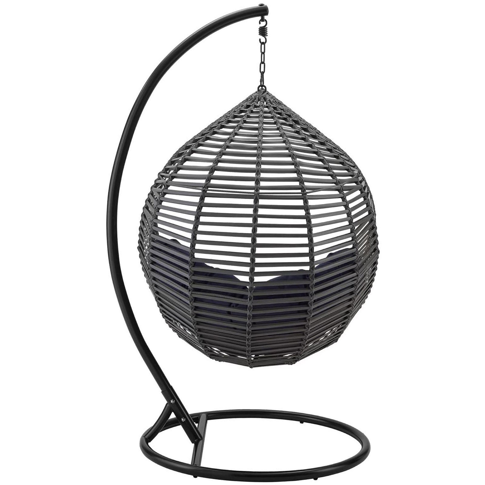 Gray wicker teardrop swing chair emphasizing the woven rattan shell and curved metal support frame. || EEI-3614-GRY-NAV || back_angle_studio