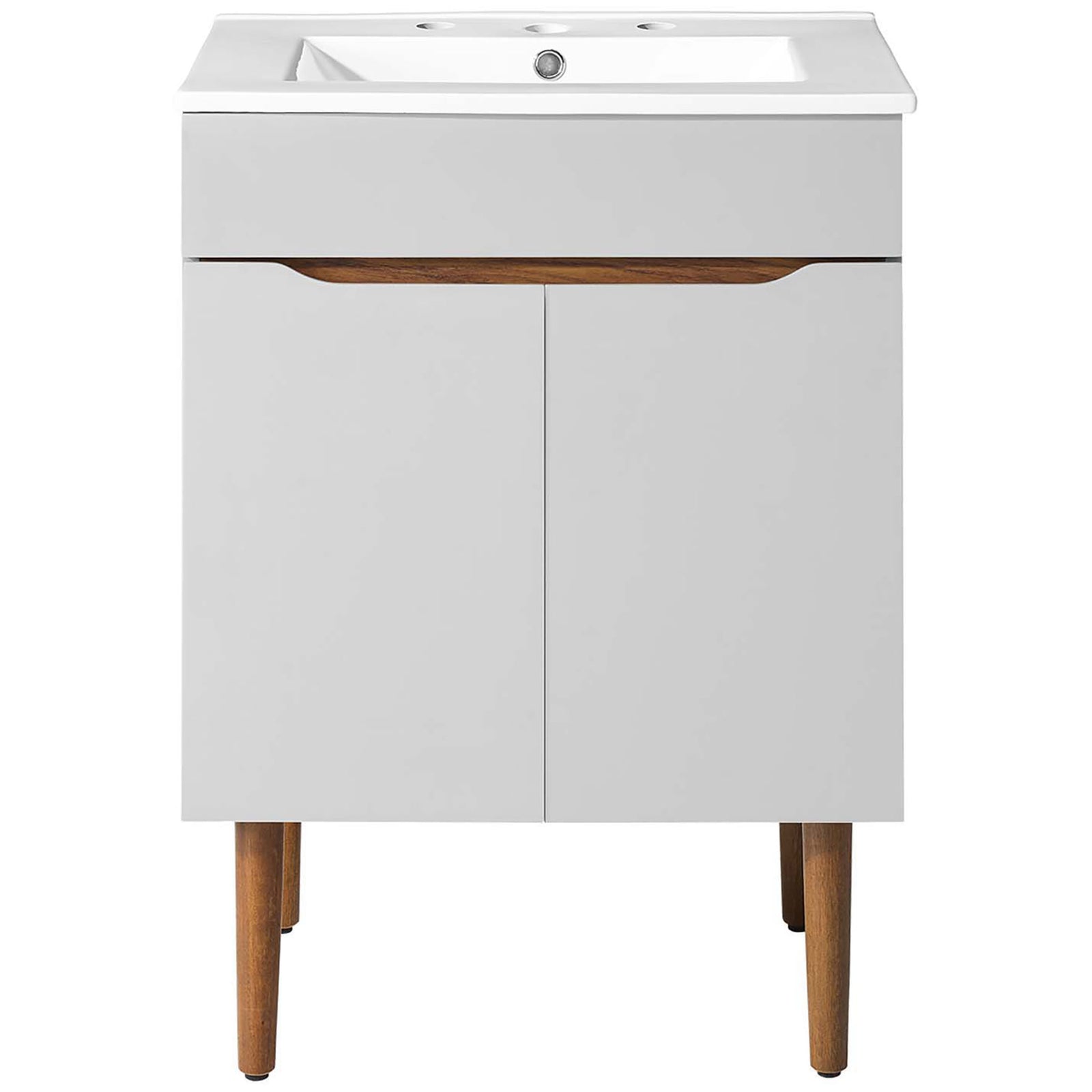 Crisp front view shows dual soft-close doors with cutout pulls and a seamless integrated sink || EEI-3633-GRY-WHI || front_studio