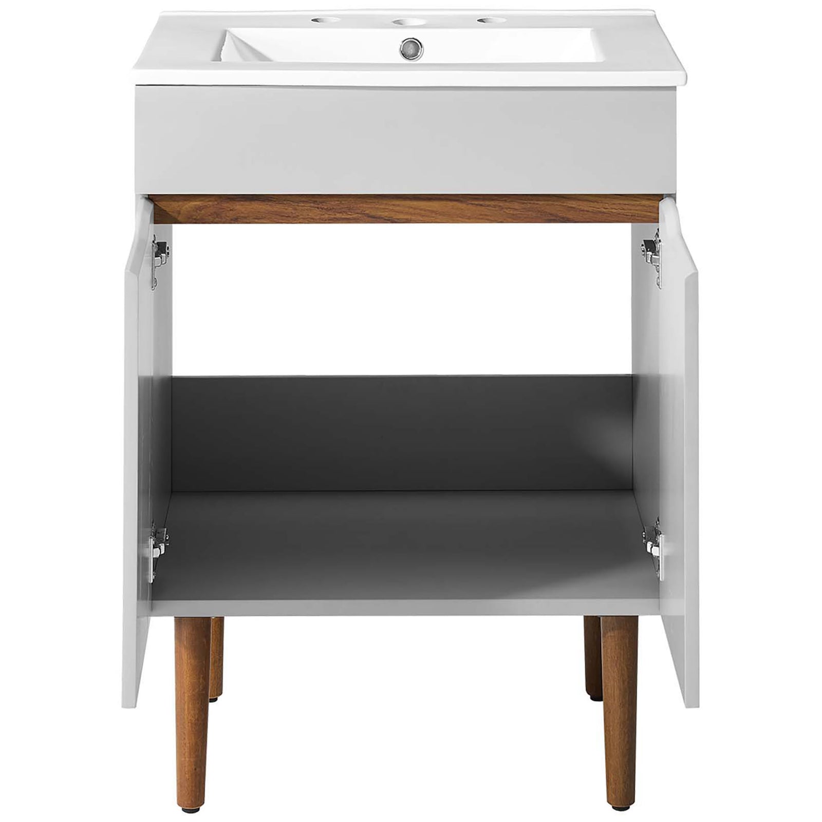 Open double doors reveal spacious storage with adjustable shelf for organized bathroom essentials || EEI-3633-GRY-WHI || front_open_studio