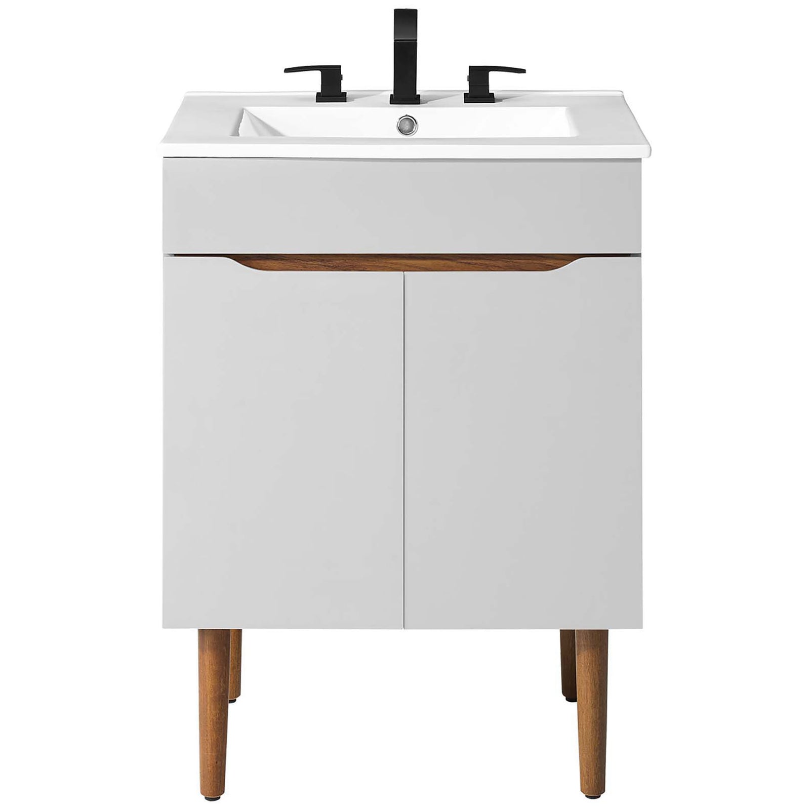 Modern vanity pairs a white integrated sink with gray cabinetry and mahogany-tone tapered legs || EEI-3633-GRY-WHI || front_studio