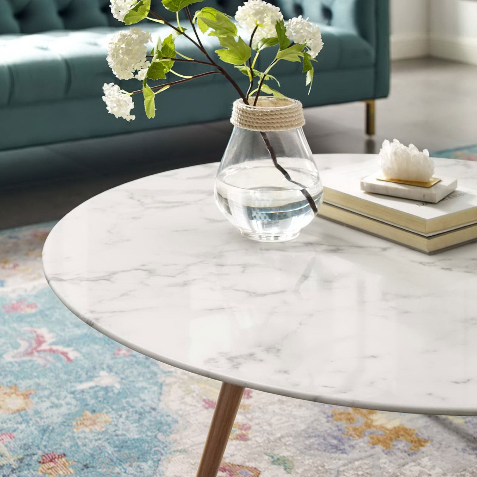Polished white faux marble tabletop with subtle gray veining || EEI-3668-WAL-WHI || detail_room