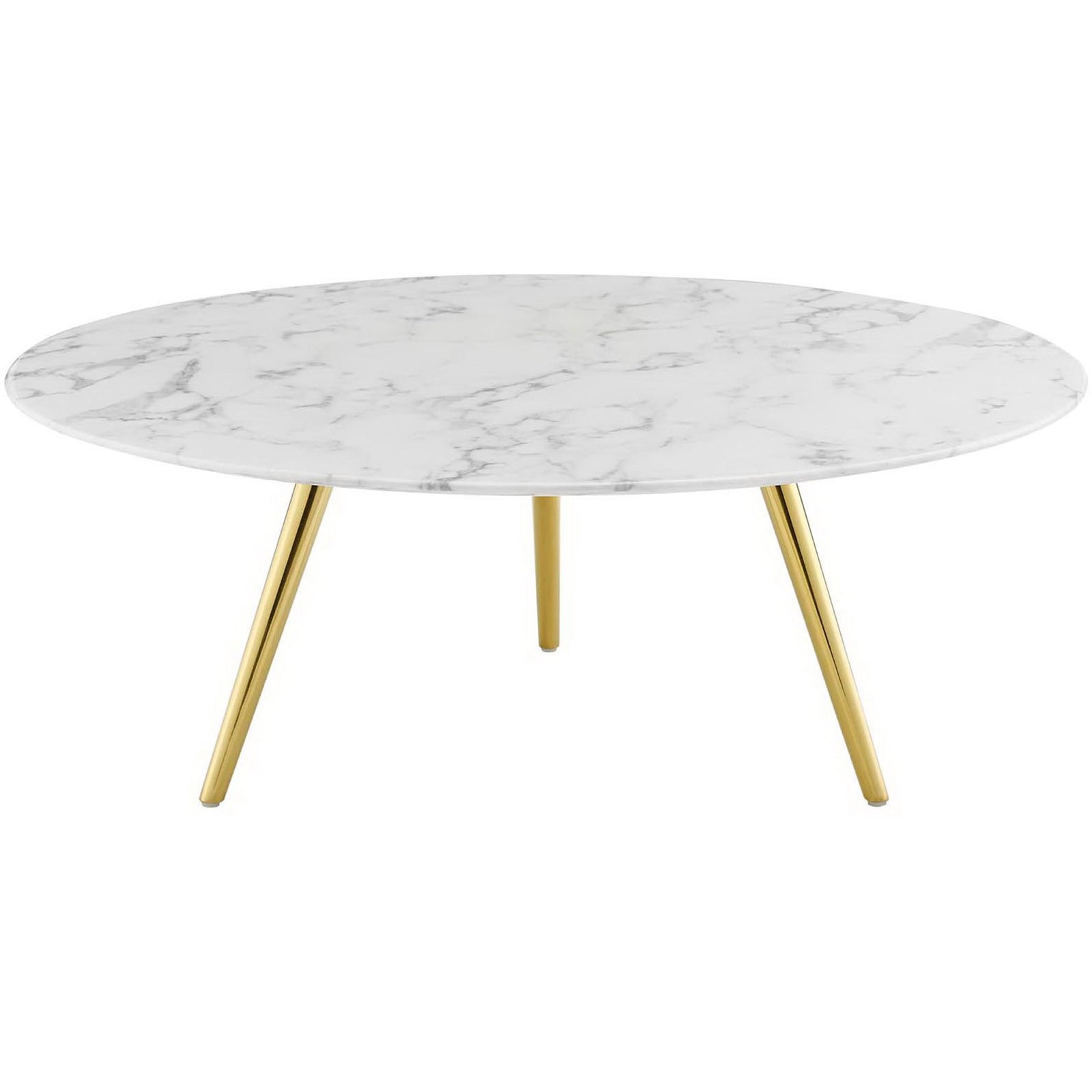 Round faux marble coffee table with sleek gold tripod base and minimalist silhouette || EEI-3672-GLD-WHI || front_studio