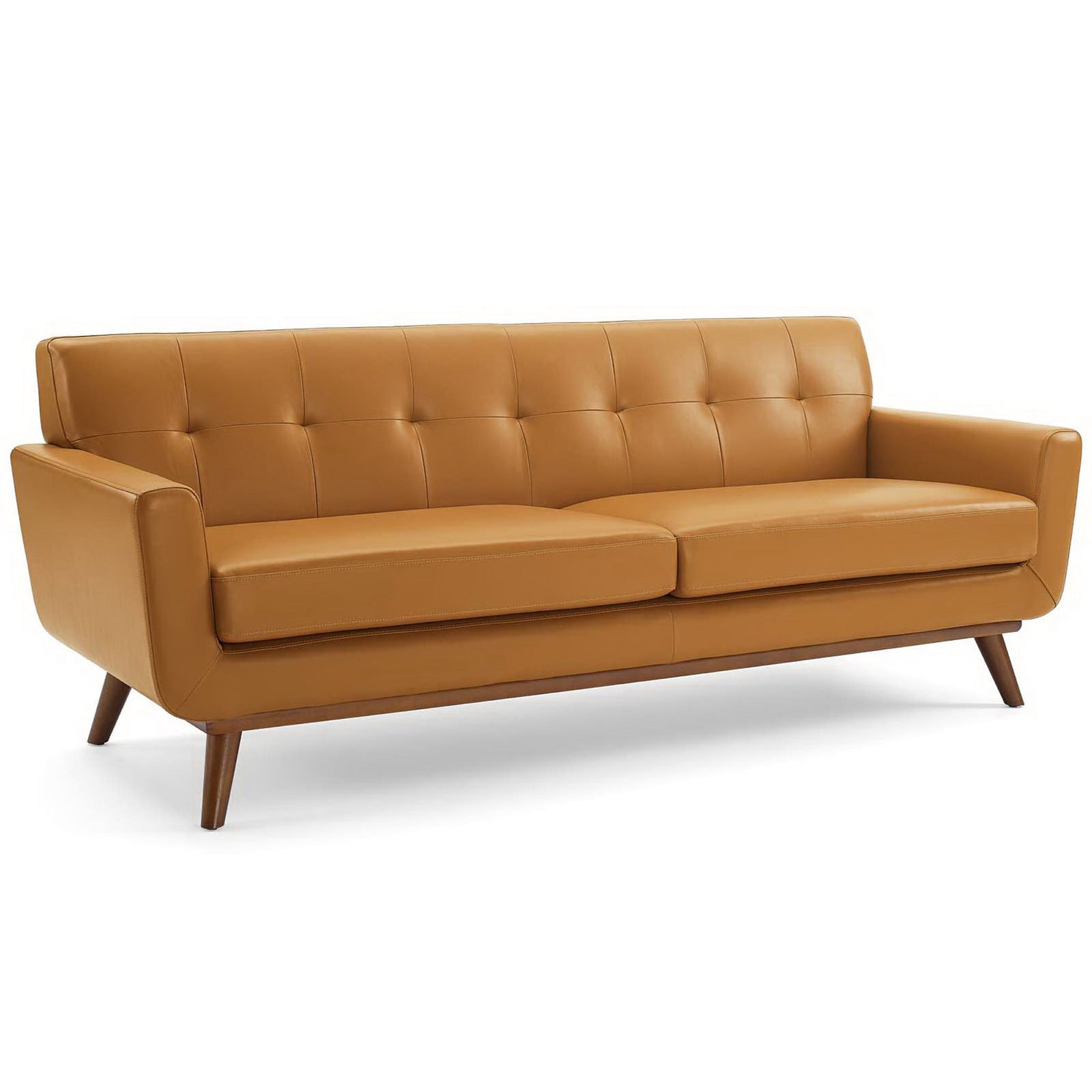 Streamlined tan leather sofa showcasing tapered arms and warm wood legs || EEI-3733-TAN || front_angle_studio