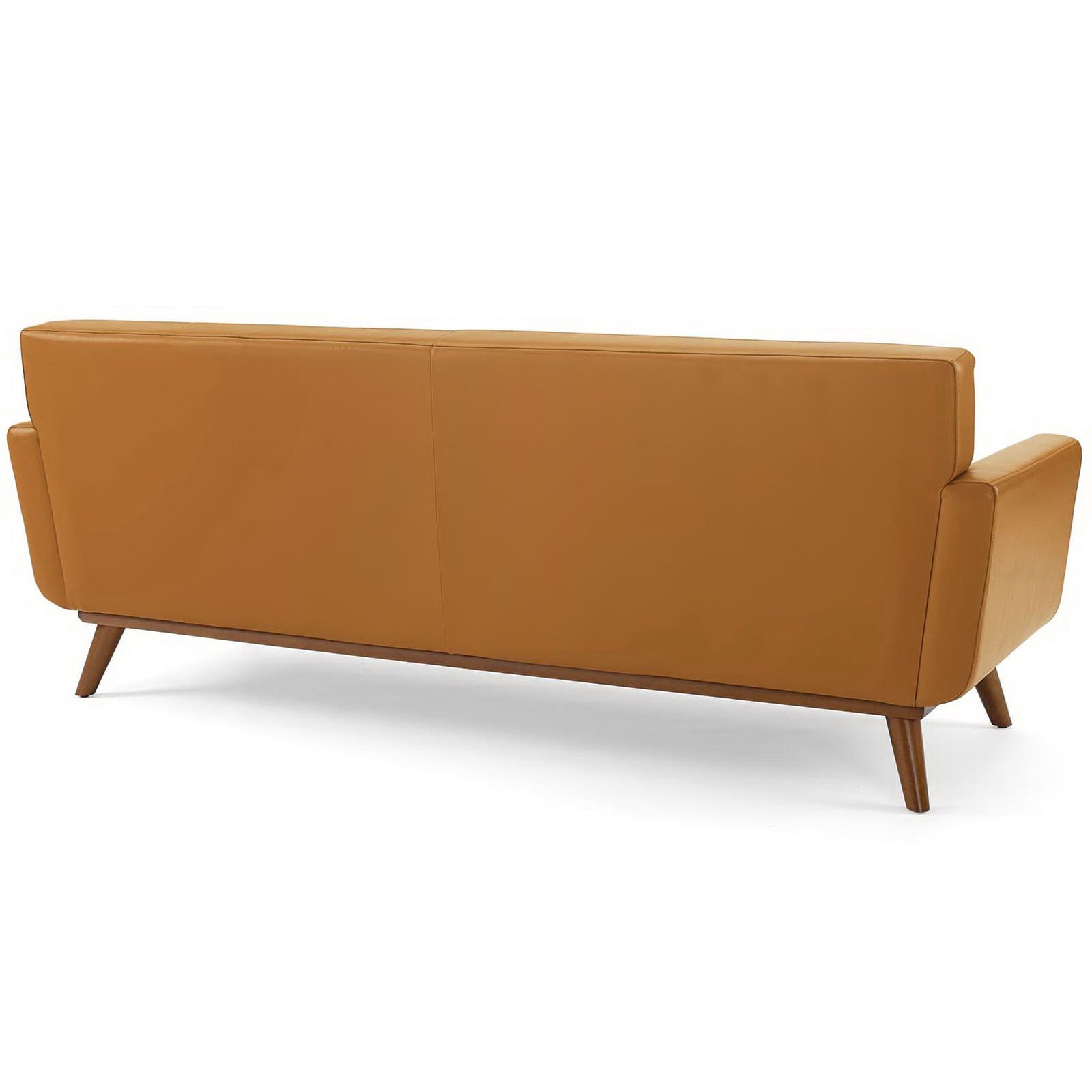 Smooth tan leather sofa back with clean lines and tapered wood legs || EEI-3733-TAN || back_studio