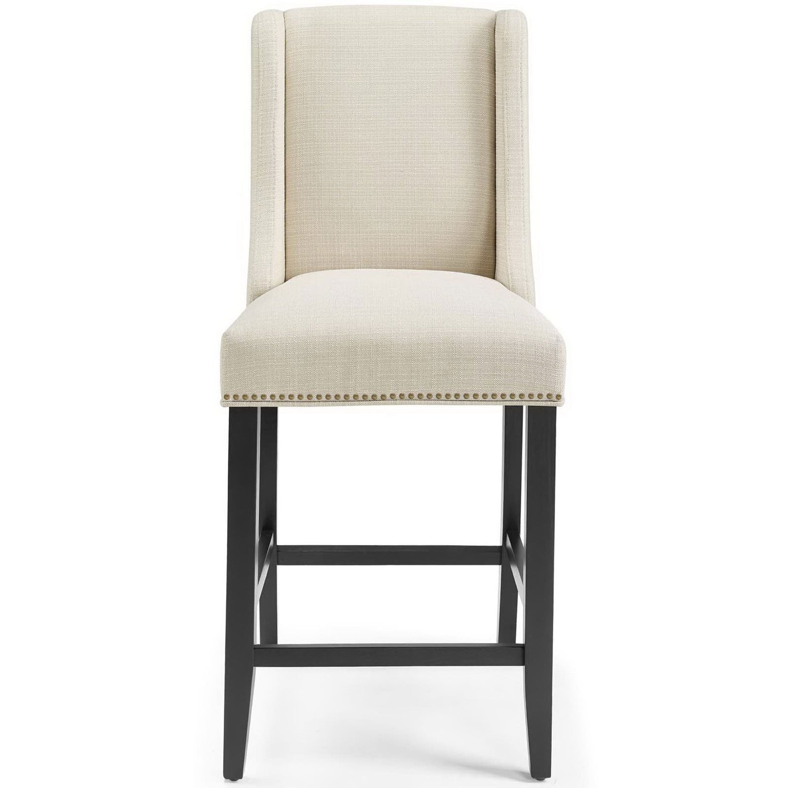 Beige upholstered counter stool with wingback curves, nailhead trim, and sturdy dark wood base || EEI-3735-BEI || front_studio