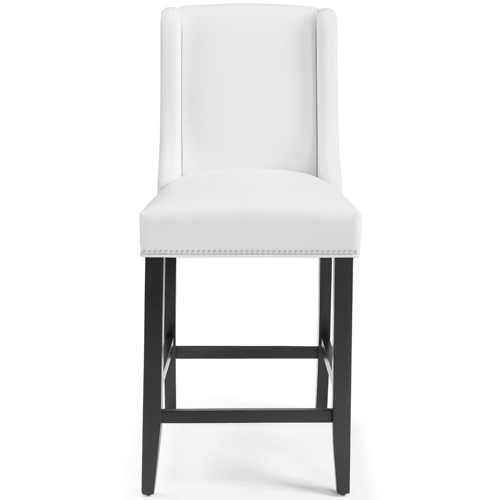 White faux leather counter stool with classic nailhead trim and sturdy wood base || EEI-3736-WHI || front_studio