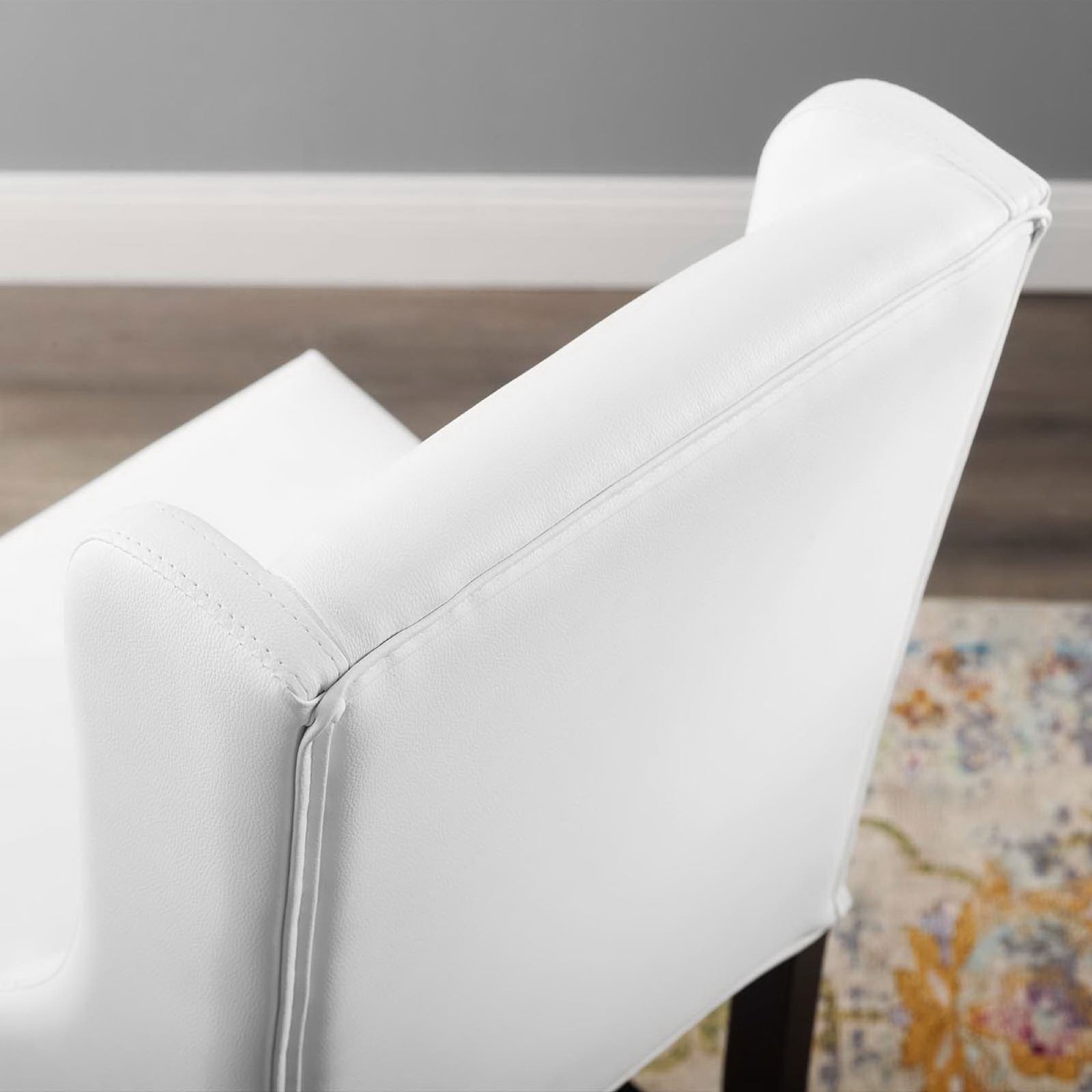 Contoured backrest and topstitching in bright white faux leather || EEI-3736-WHI || detail_room