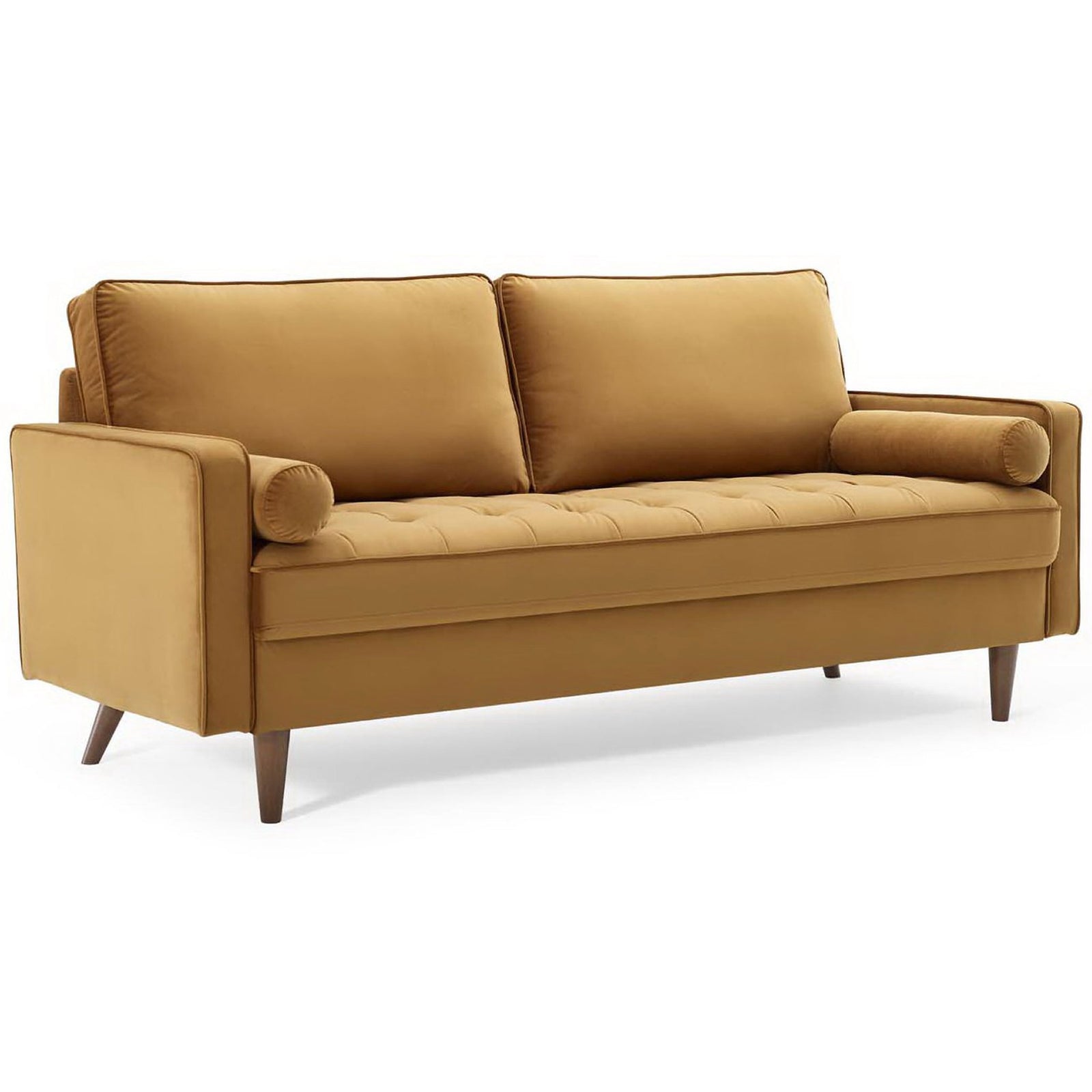 Cognac velvet mid-century sofa with tufted seat, bolster pillows, and tapered wood legs || EEI-3764-COG || front_angle_studio