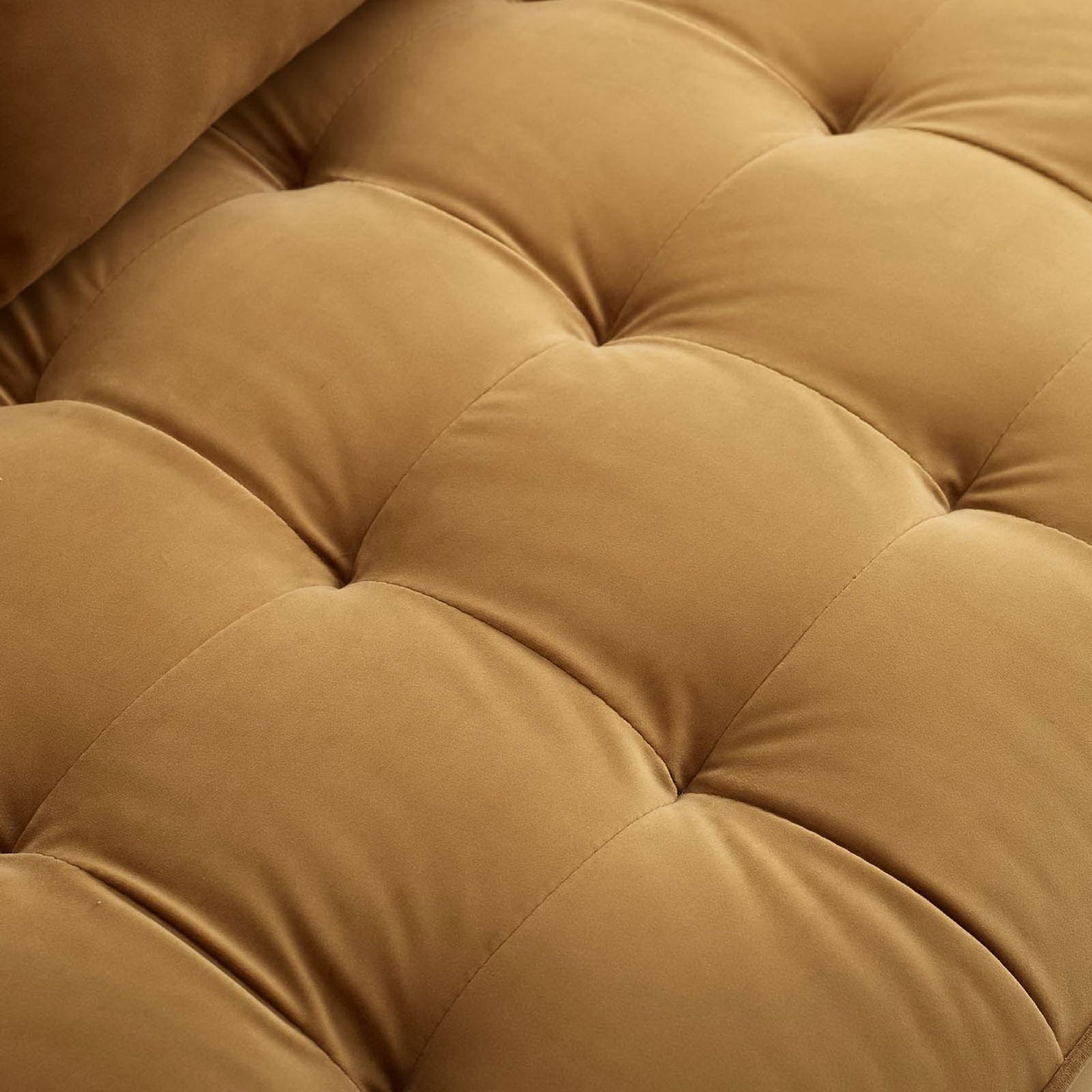 Cognac performance velvet upholstery highlighting the soft texture and deep biscuit tufting detail || EEI-3764-COG || swatch_studio
