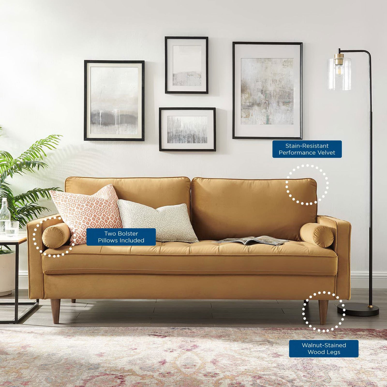 Living room scene featuring the Valour sofa with labeled features including velvet, pillows, and wood legs || EEI-3764-COG || callout_room