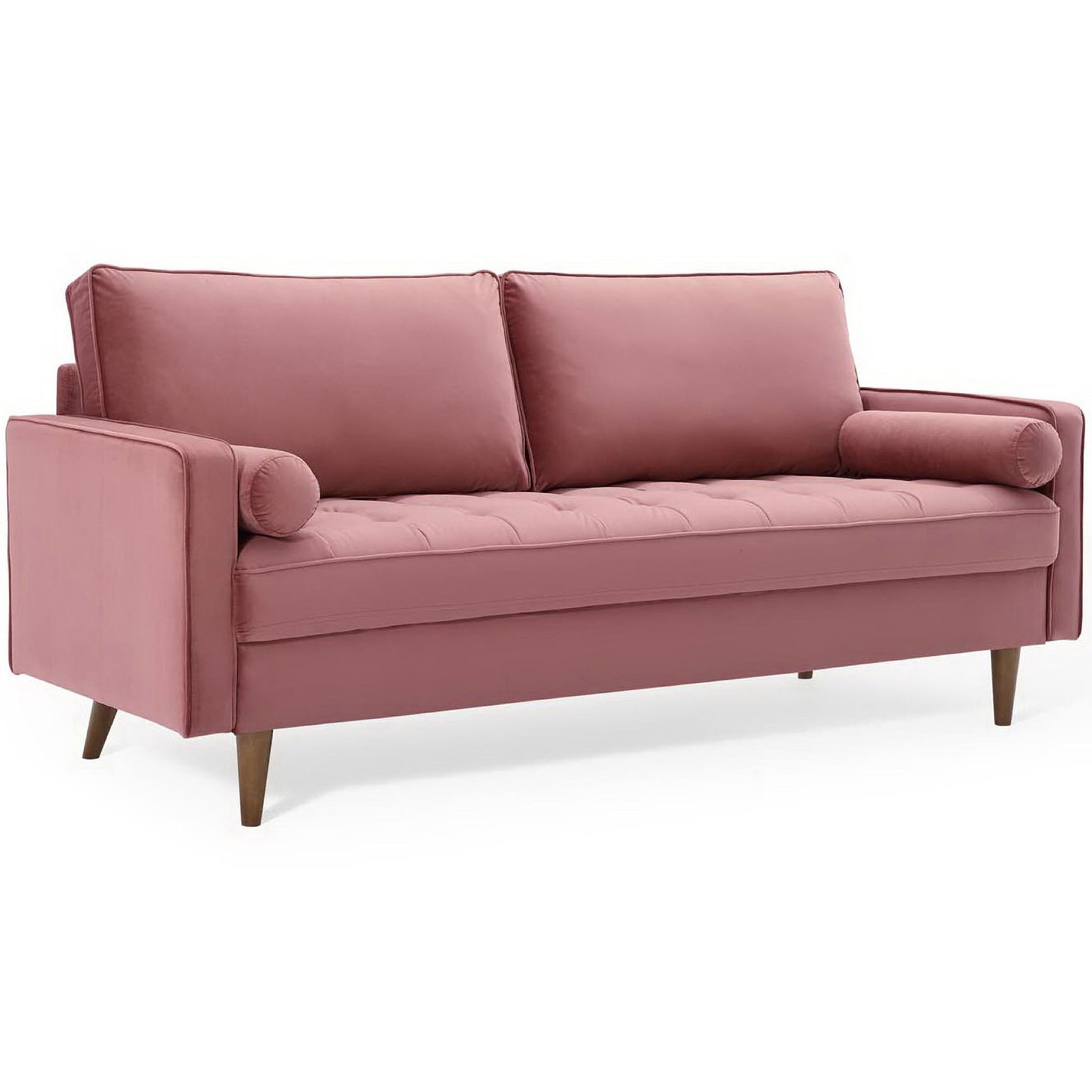 Dusty rose velvet sofa with tufted seat, bolster pillows, and walnut tapered legs for chic mid-century seating || EEI-3764-DUS || front_angle_studio