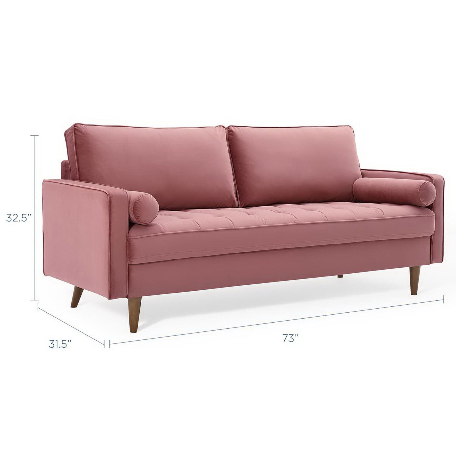 Dusty rose velvet sofa with tufted seat and bolster pillows, shown with overall width and height dimensions || EEI-3764-DUS || dimension_studio