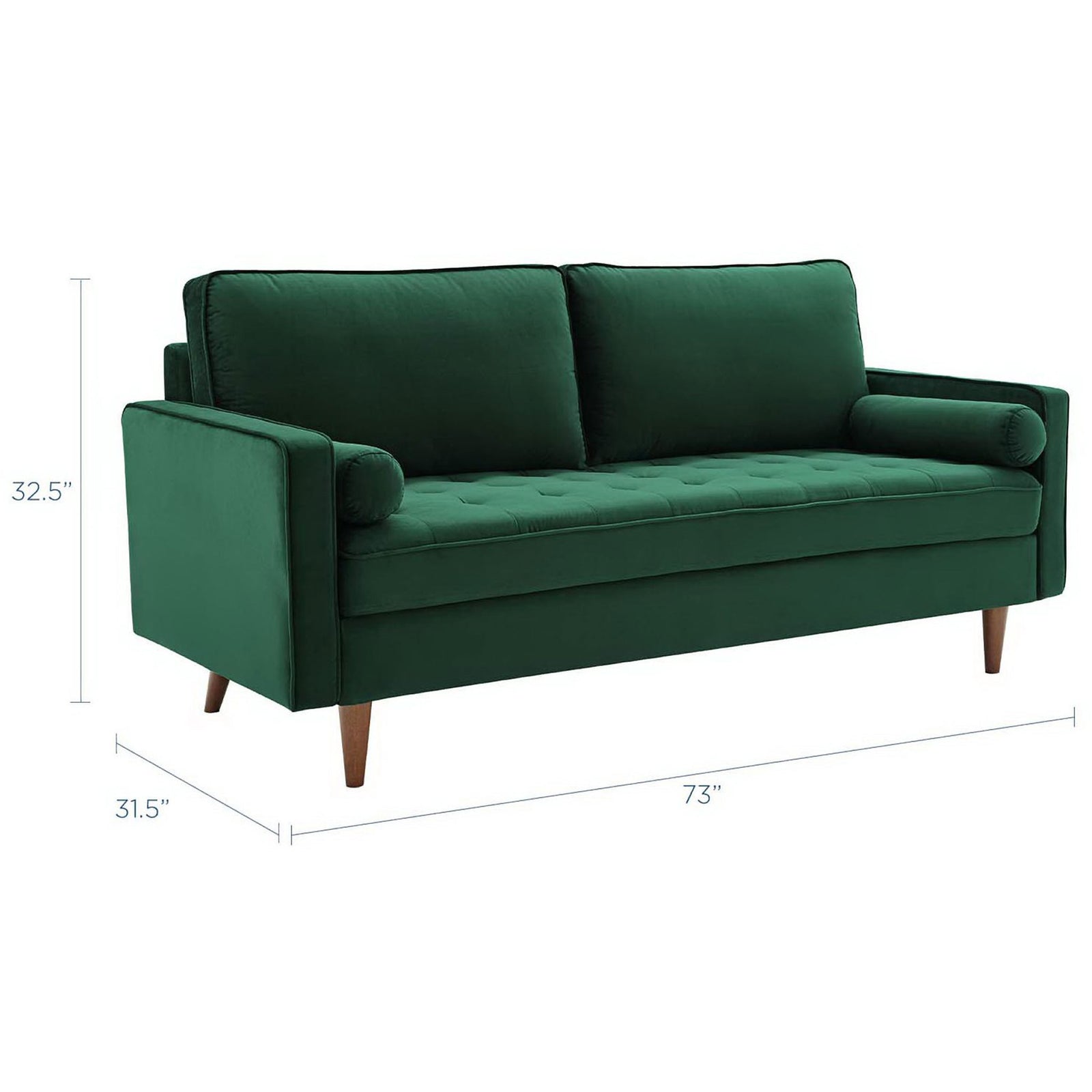 Green velvet Valour sofa shown with easy-to-read width, depth, and height measurements || EEI-3764-GRN || dimension_studio