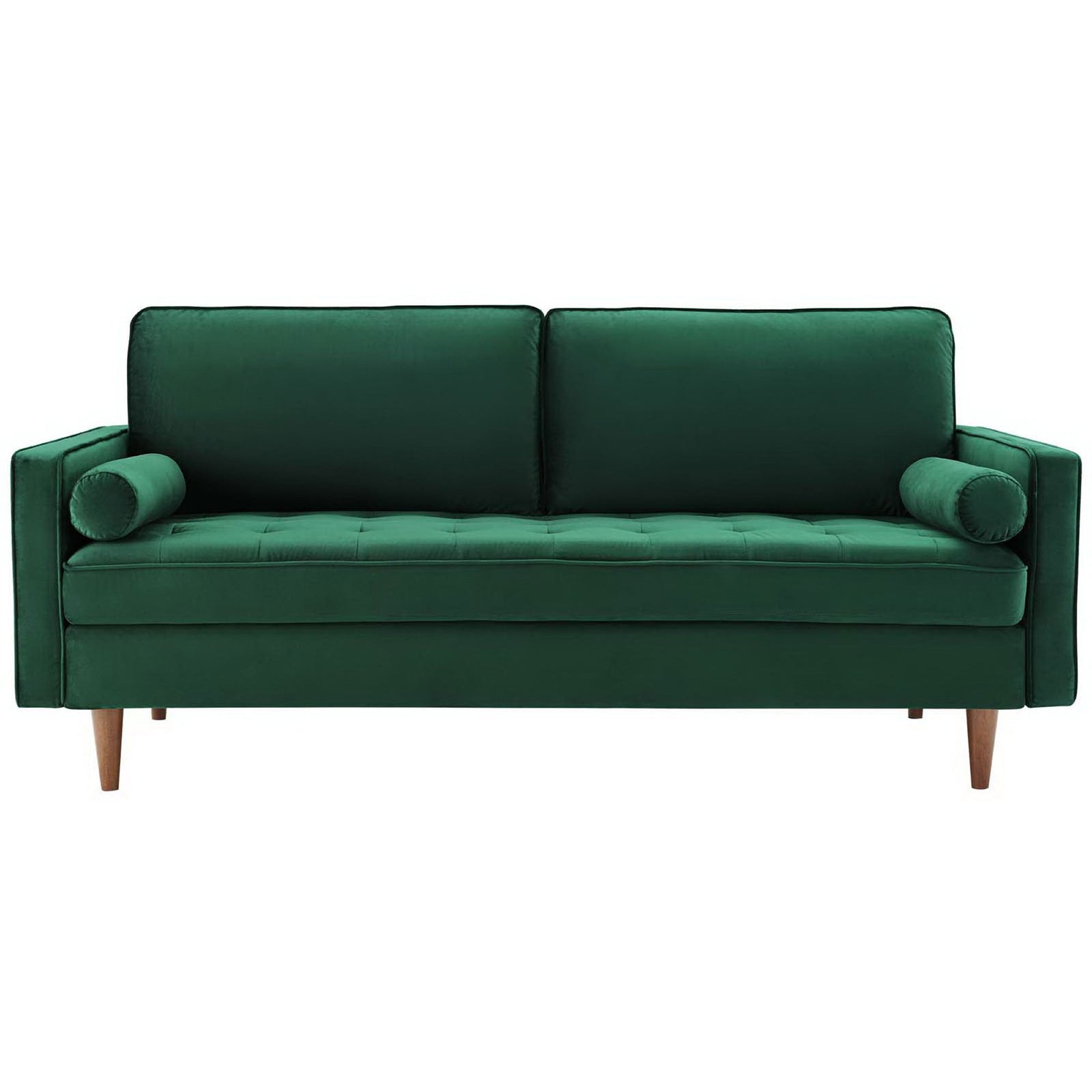 Green Valour performance velvet sofa with biscuit tufted seat and two matching bolster pillows || EEI-3764-GRN || front_studio