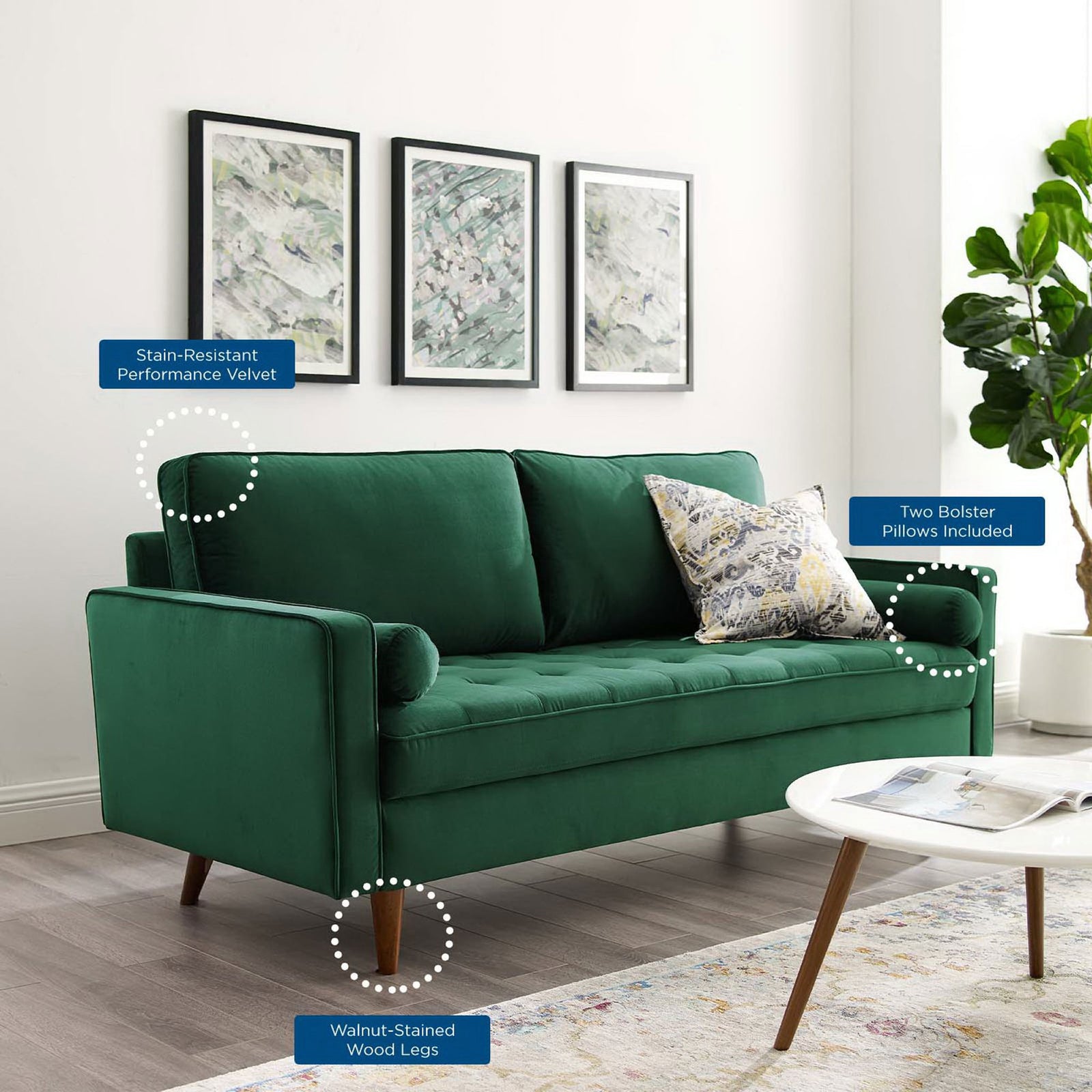 Living room scene highlighting the Valour sofa features including stain-resistant velvet and wood legs || EEI-3764-GRN || callout_room