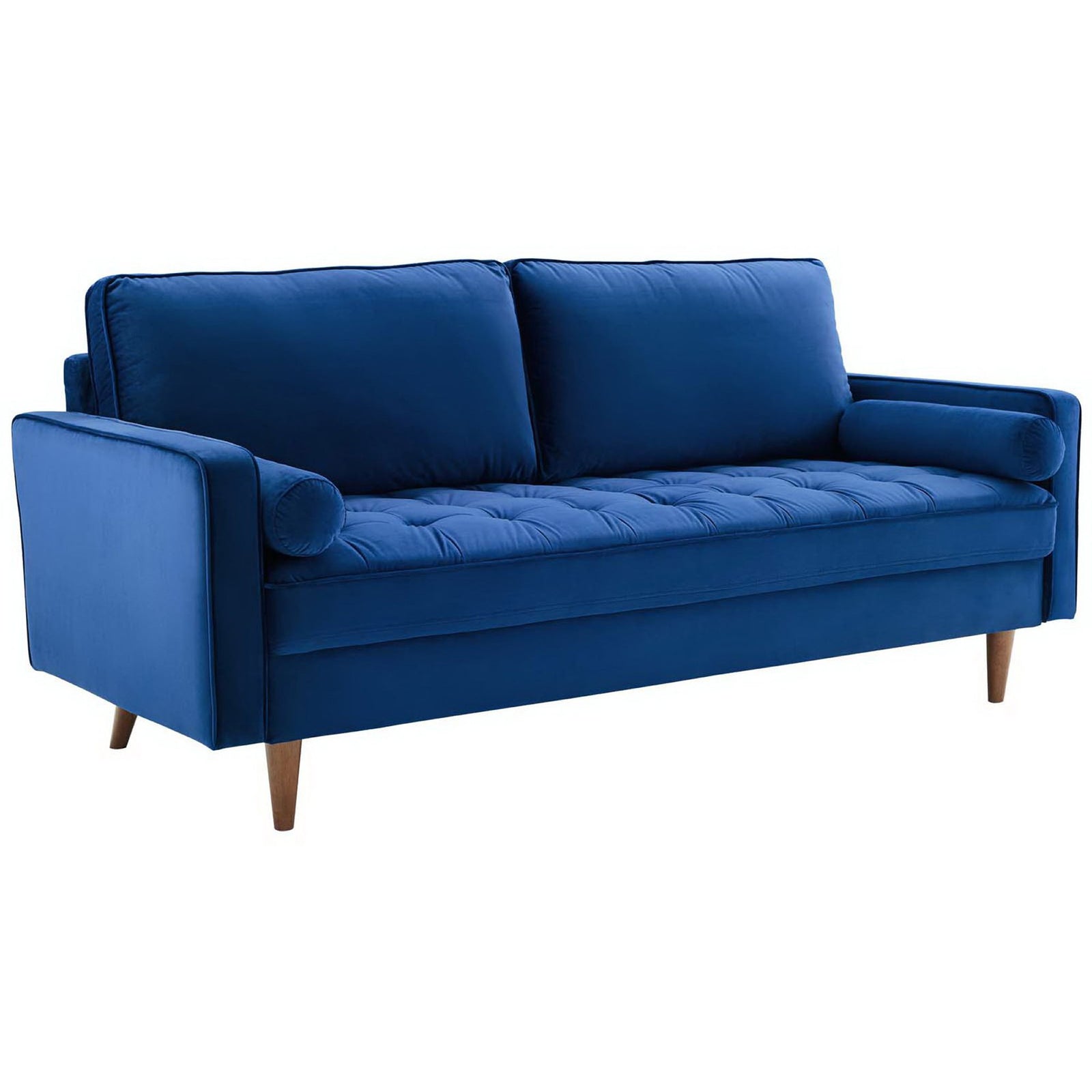 Navy performance velvet sofa with tufted bench seat, bolster pillows, and tapered walnut legs || EEI-3764-NAV || front_angle_studio