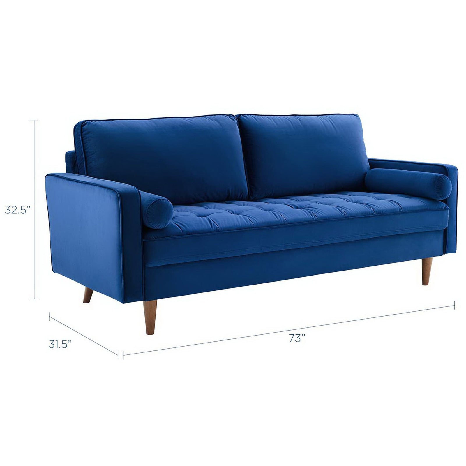 Navy velvet sofa with dimensions shown for height, depth, and width || EEI-3764-NAV || dimension_studio