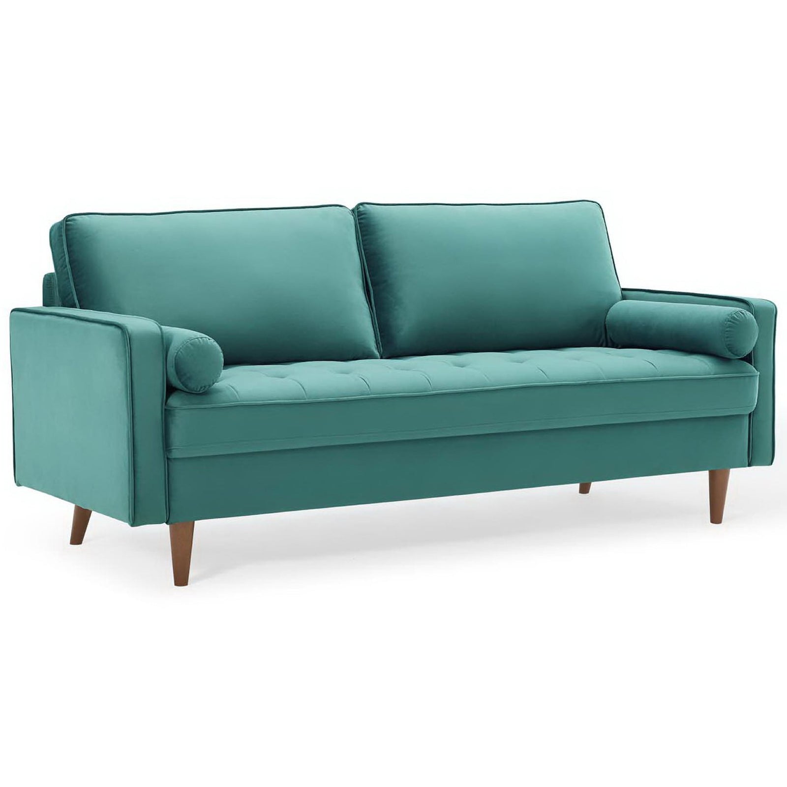 Sleek mid-century Valour sofa in teal performance velvet with clean lines and slim track arms || EEI-3764-TEA || front_angle_studio