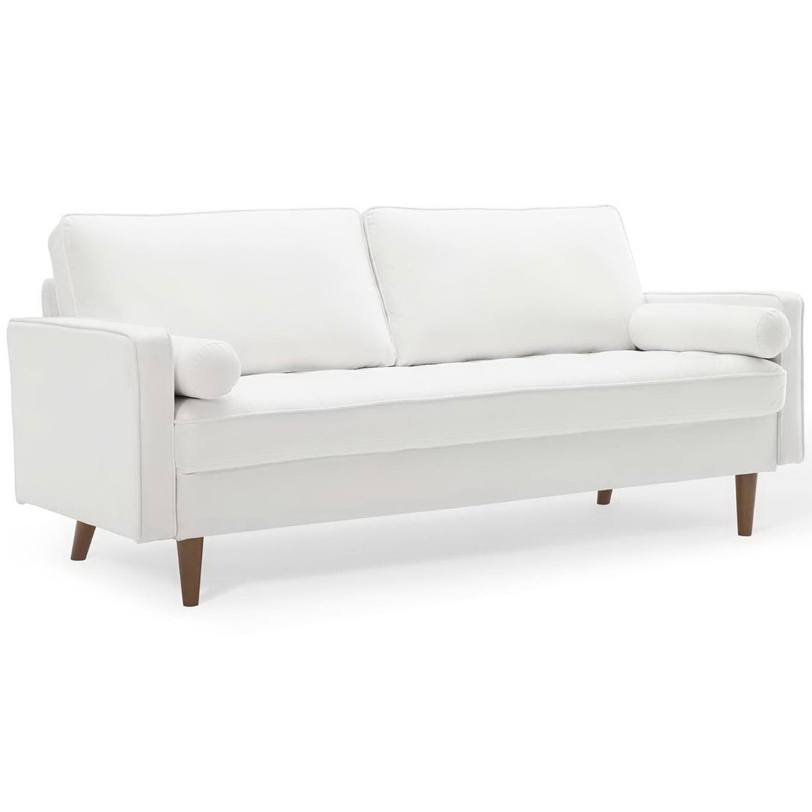Mid-century inspired white sofa with slim track arms, bolster pillows, and wood legs || EEI-3764-WHI || front_angle_studio