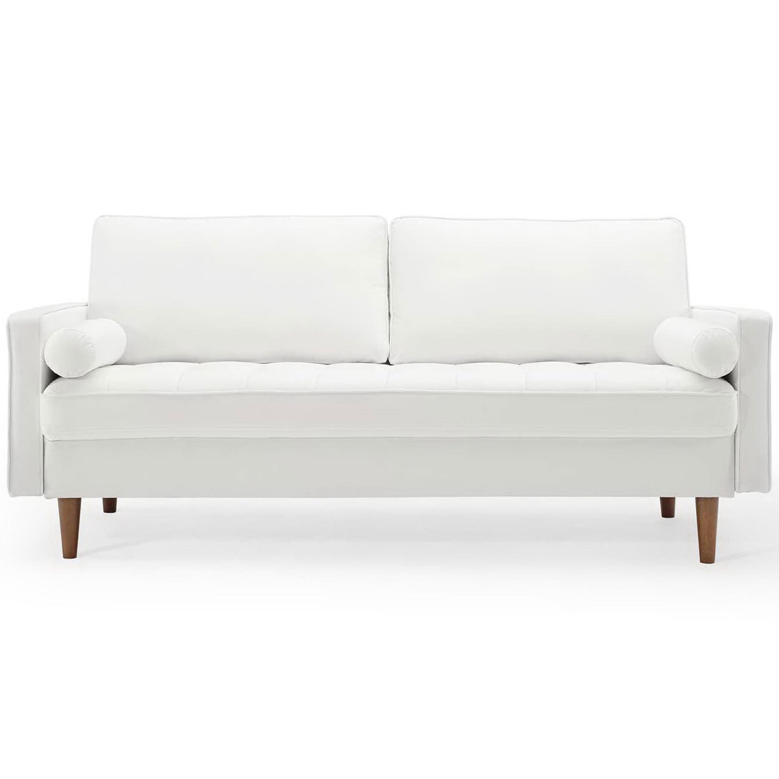 White performance velvet sofa with clean lines, tufted seat, and walnut tapered legs || EEI-3764-WHI || front_studio