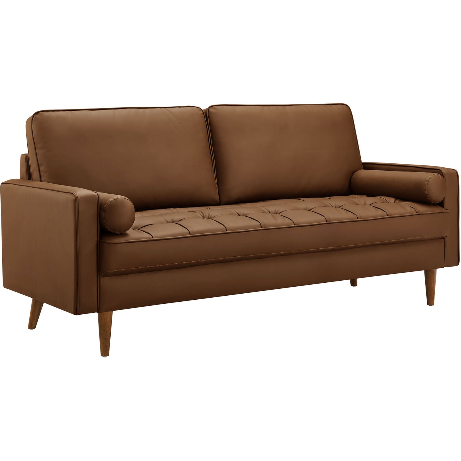 Mid-century brown vegan leather sofa with tufted seat, bolster pillows, and tapered wood legs || EEI-3765-BRN || front_angle_studio