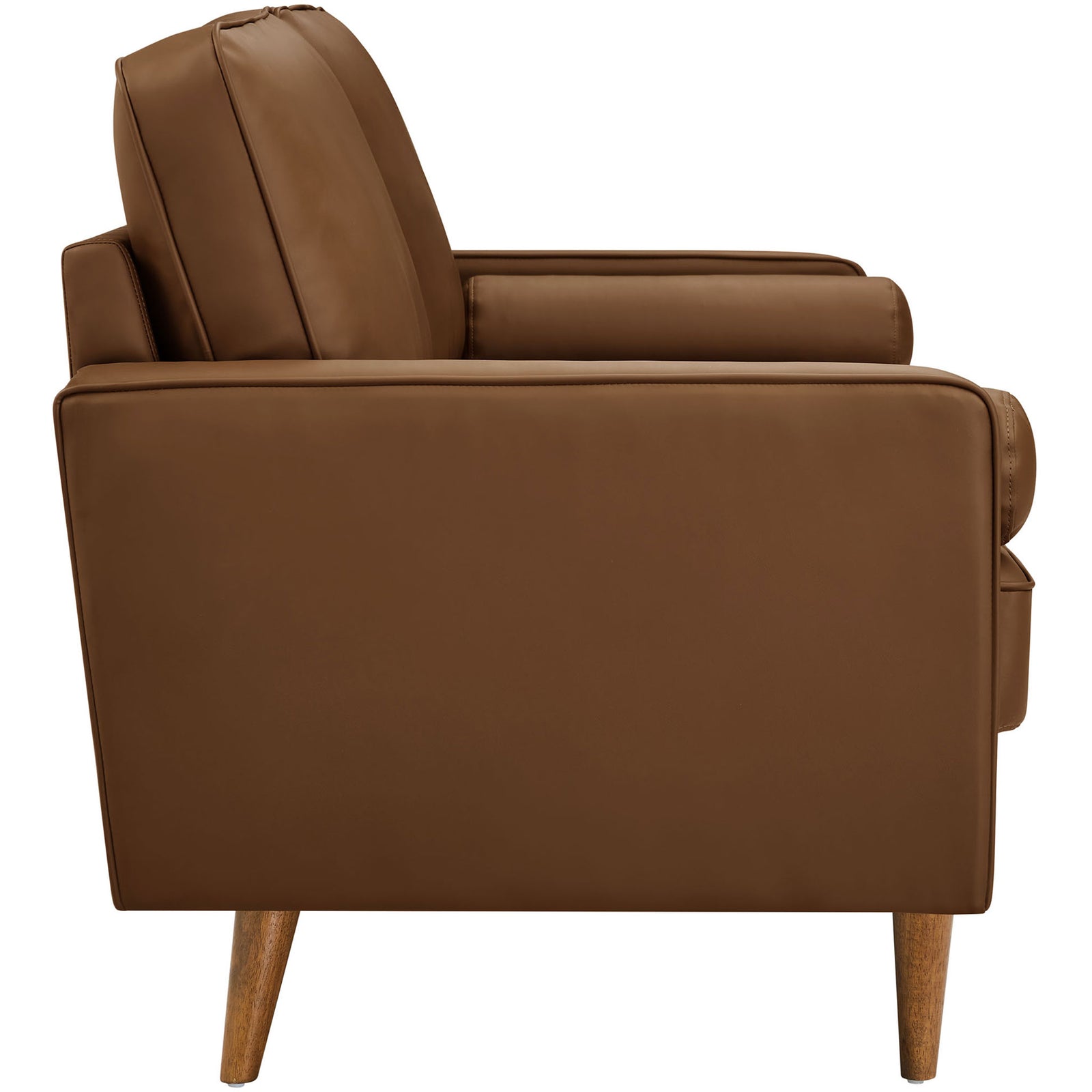 Slim track arms and plush back cushions on the brown vegan leather Valour sofa || EEI-3765-BRN || side_studio