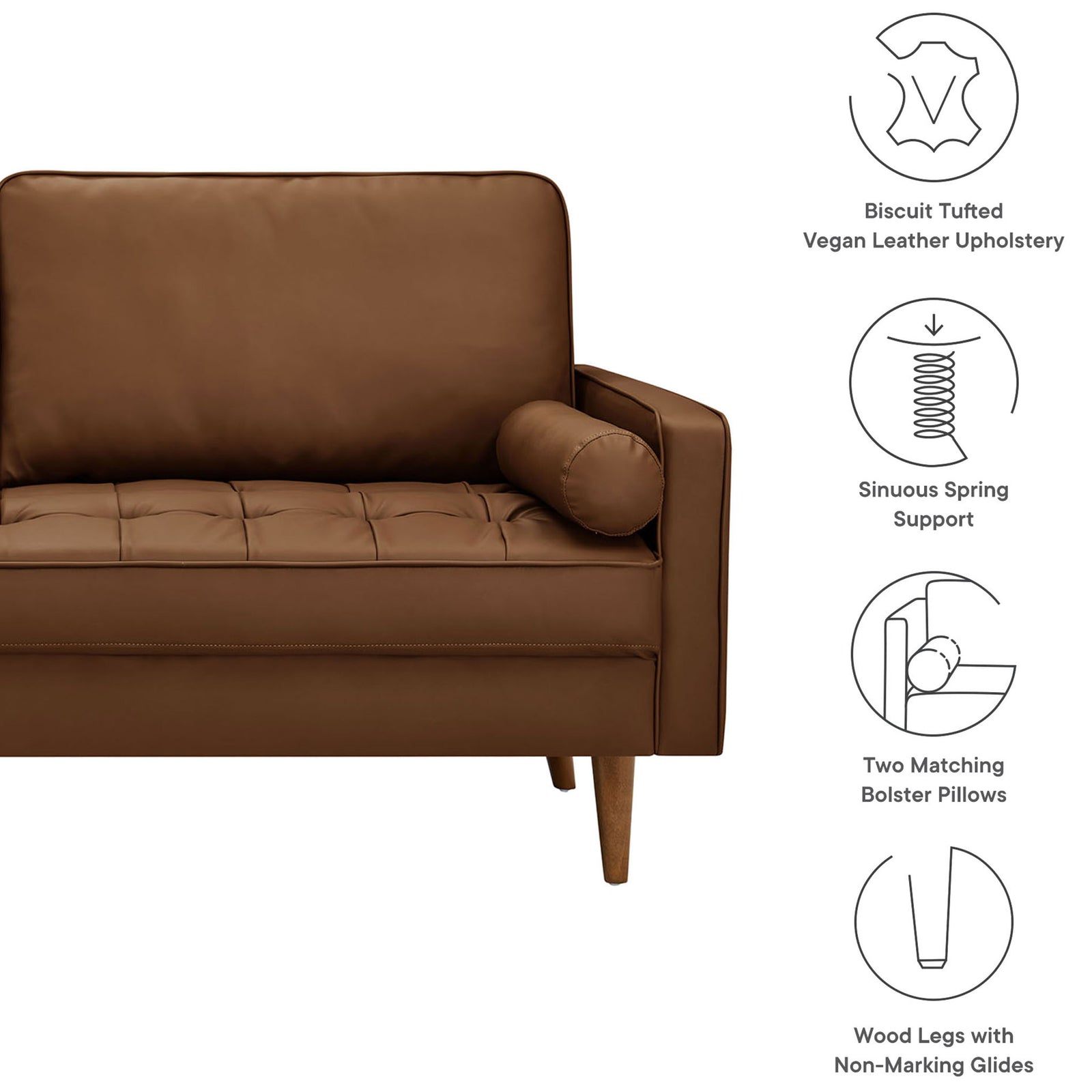 Feature callouts for the Valour brown vegan leather sofa highlighting tufting, bolster pillows, and wood legs || EEI-3765-BRN || callout_studio