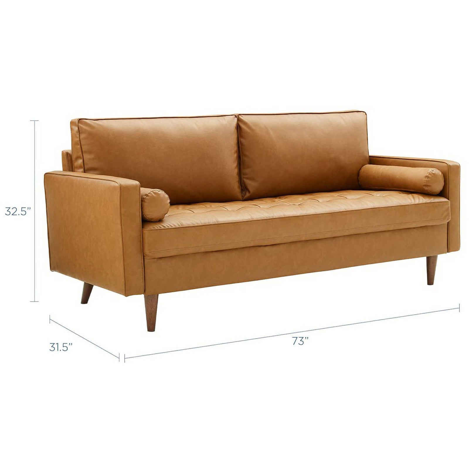 Tan vegan leather sofa with overall dimensions labeled for width, depth, and height || EEI-3765-TAN || dimension_studio