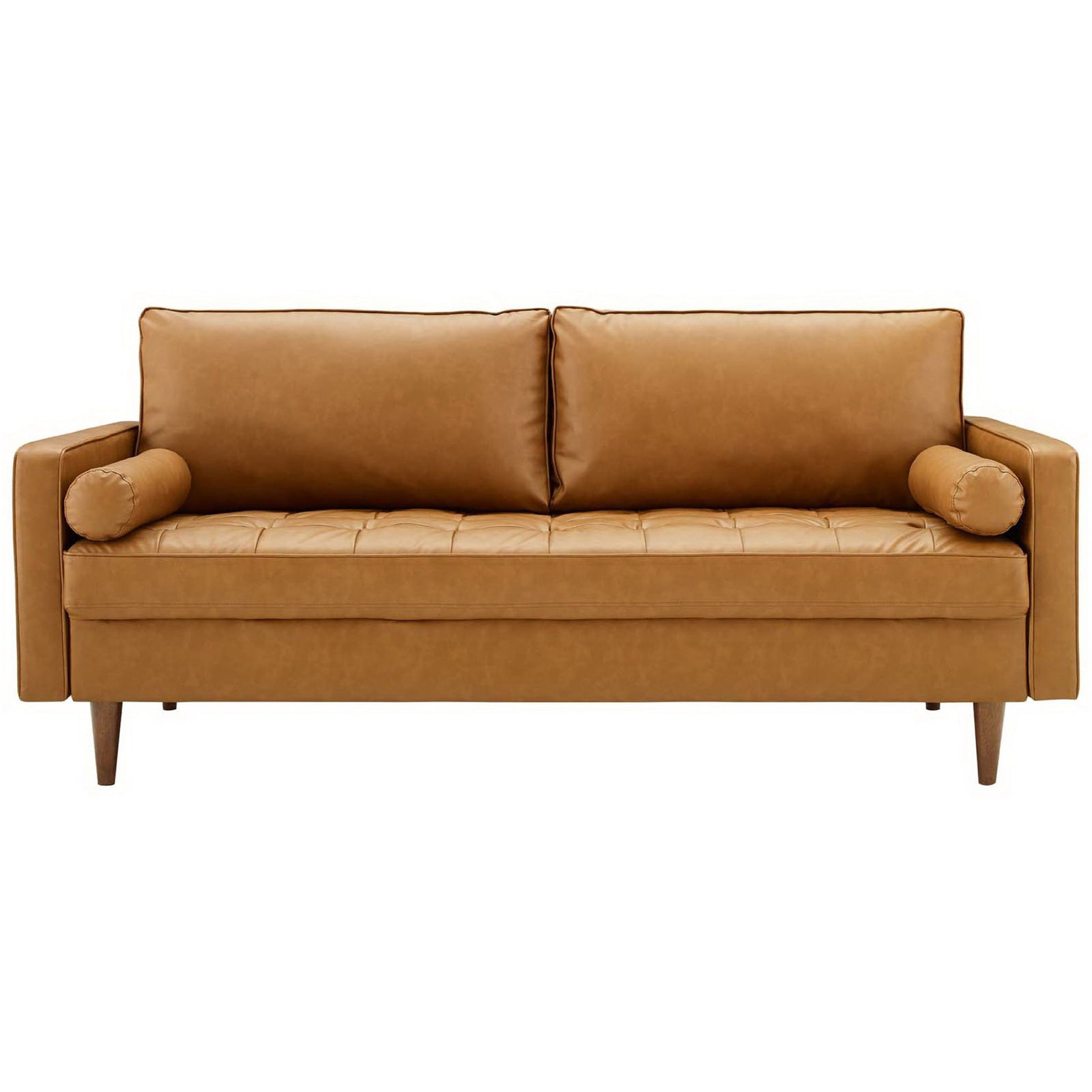 Tan vegan leather sofa with biscuit tufted seat, bolster pillows, and tapered wood legs || EEI-3765-TAN || front_studio